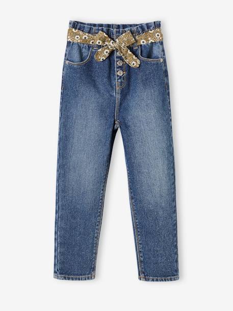 Mädchen Paperbag-Jeans mit Blumen-Gürtel - blue stone+dark blue+grauer denim+schwarz denim - 14