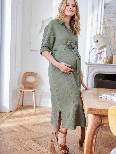 Hemdblusenkleid aus Musselin, Schwangerschaft & Stillzeit - beige+marine+olivgrün - 16