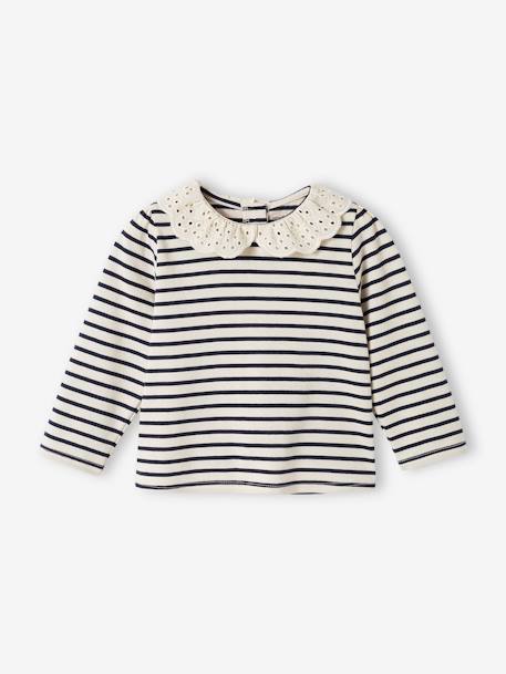 Baby Shirt mit besticktem Kragen Oeko-Tex - hellbeige+marine gestreift - 9