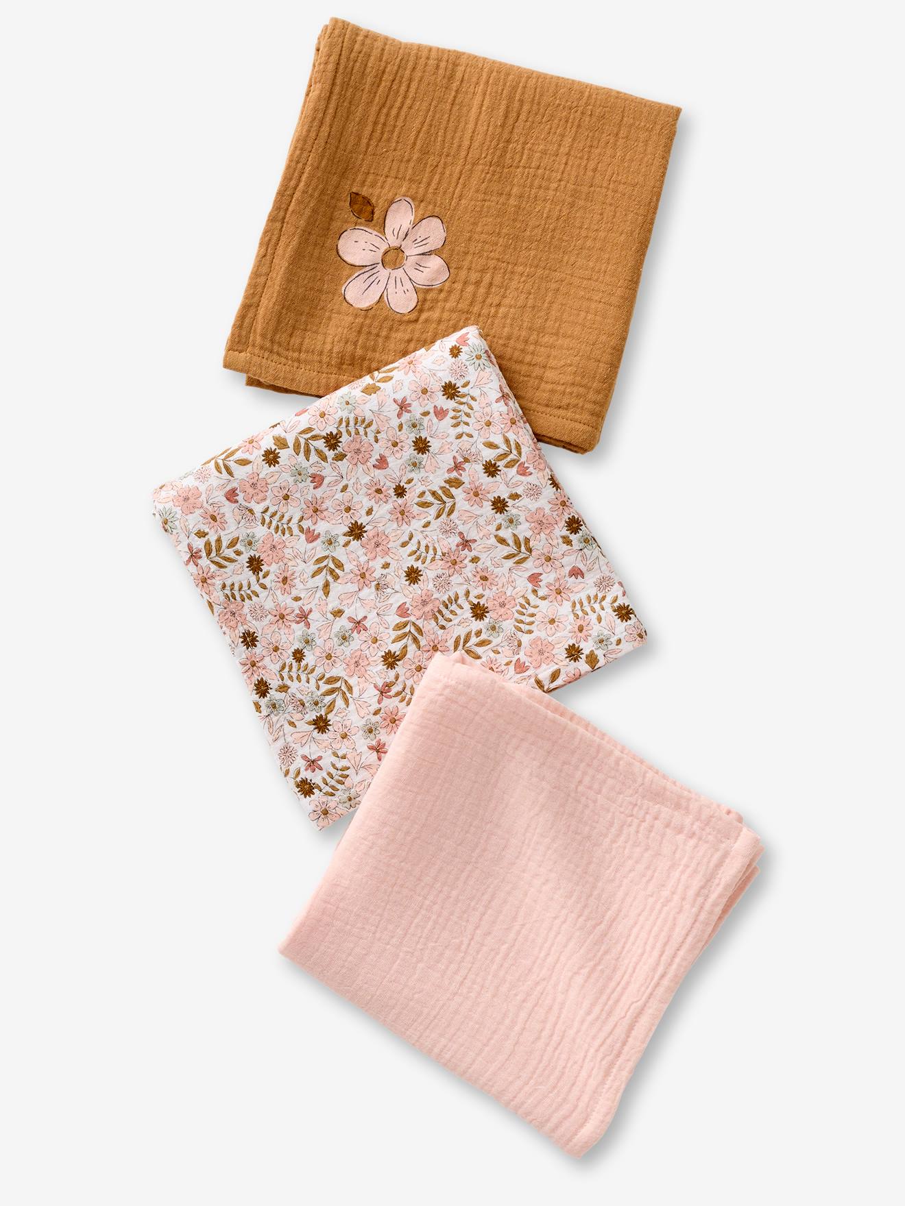 Vertbaudet 3Er-Pack Baby Wickeltücher Flora Karamell Einheitsgröße