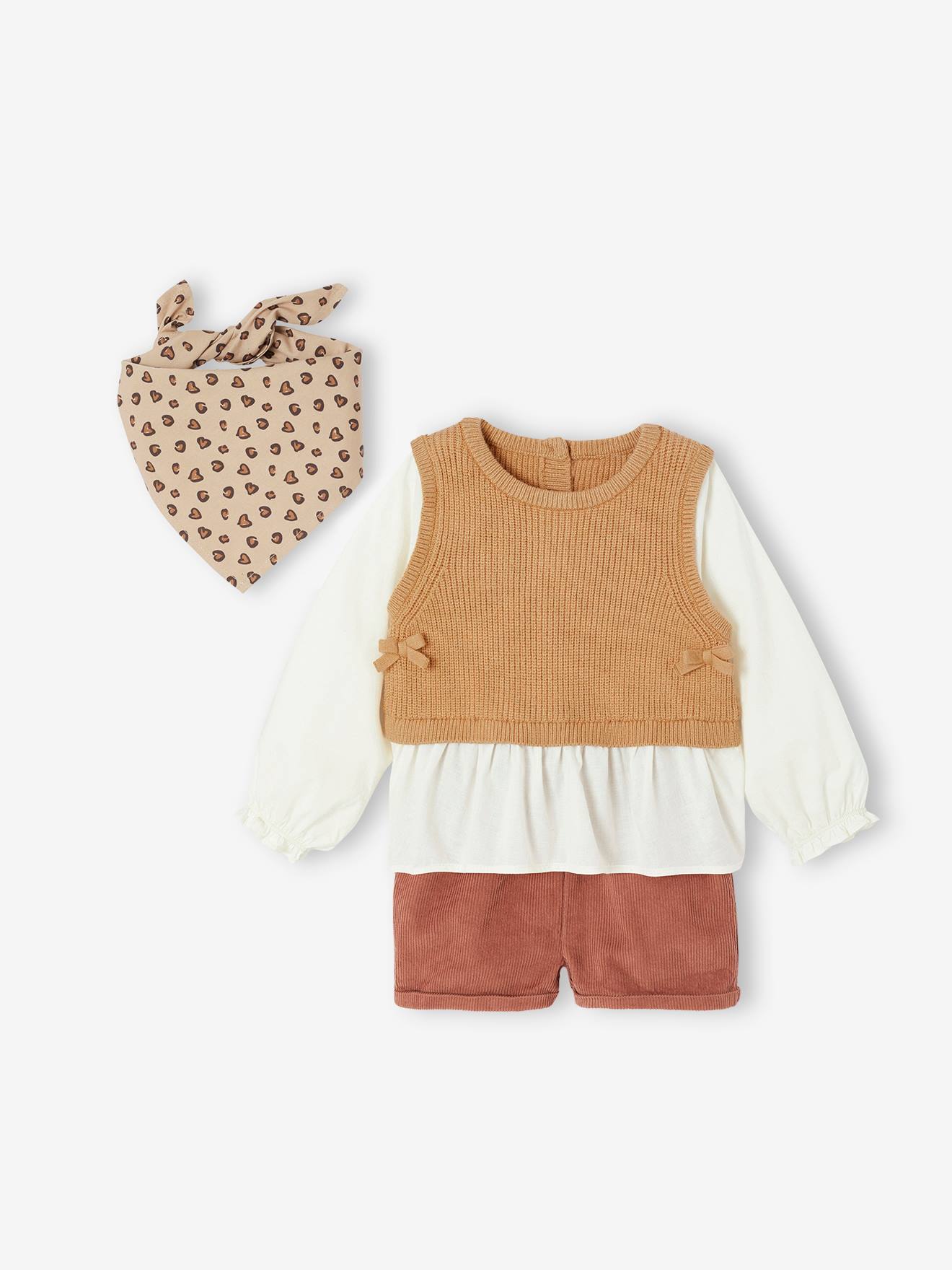 Baby Set: 2-in-1-Pullover, Cordshorts & Halstuch terrakotta Gr. 74 von vertbaudet