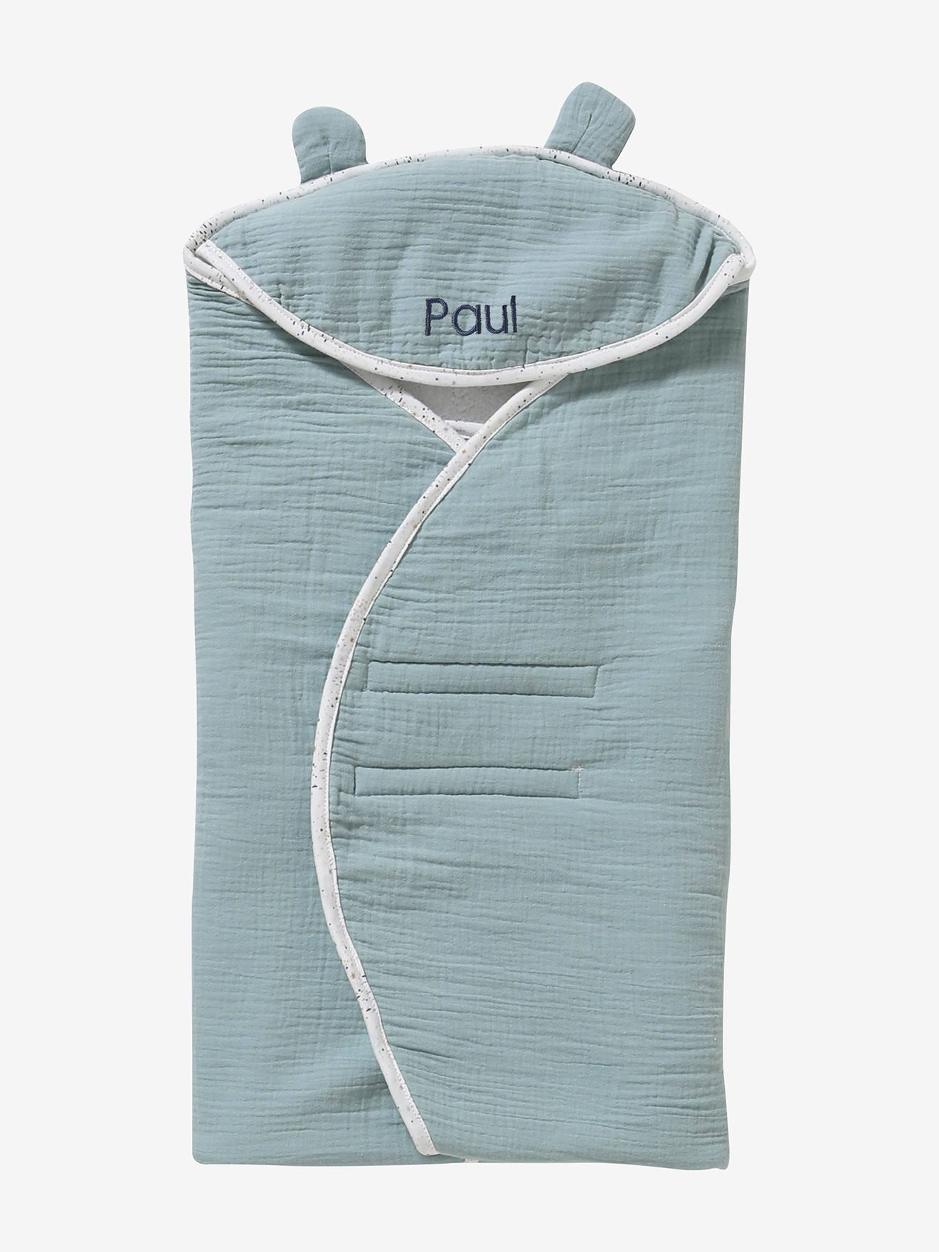 Einschlagdecke für Babyschale, Musselin, personalisierbar graugrün von vertbaudet
