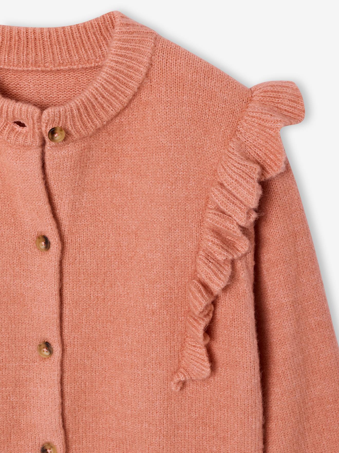 Thumbnail - Strickjacke Mädchen mit Rüschen und Wellensaum pudrig