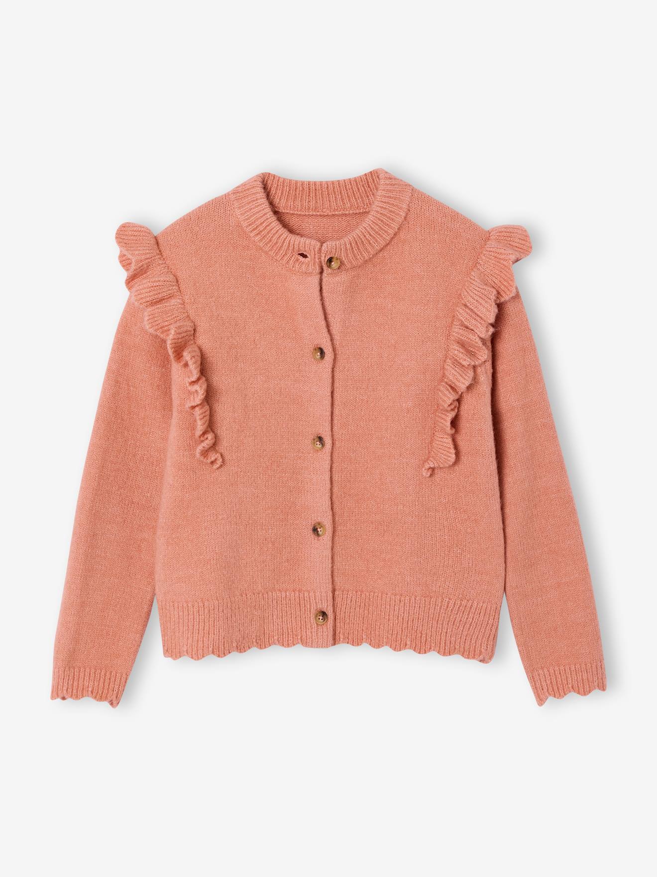 Strickjacke Mädchen mit Rüschen und Wellensaum pudrig