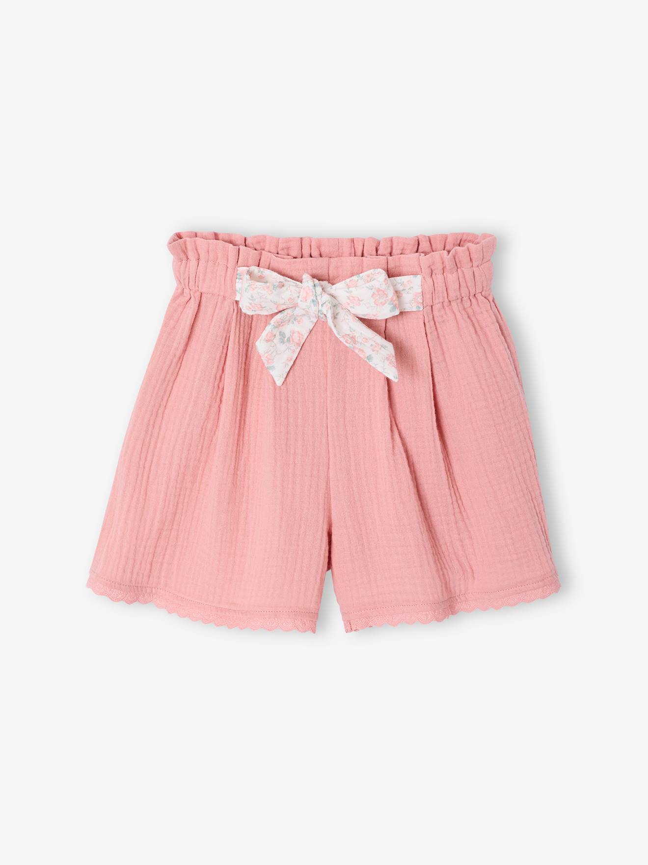 Vertbaudet Mädchen Paperbag-Shorts Aus Baumwoll-Musselin Blush 146/152