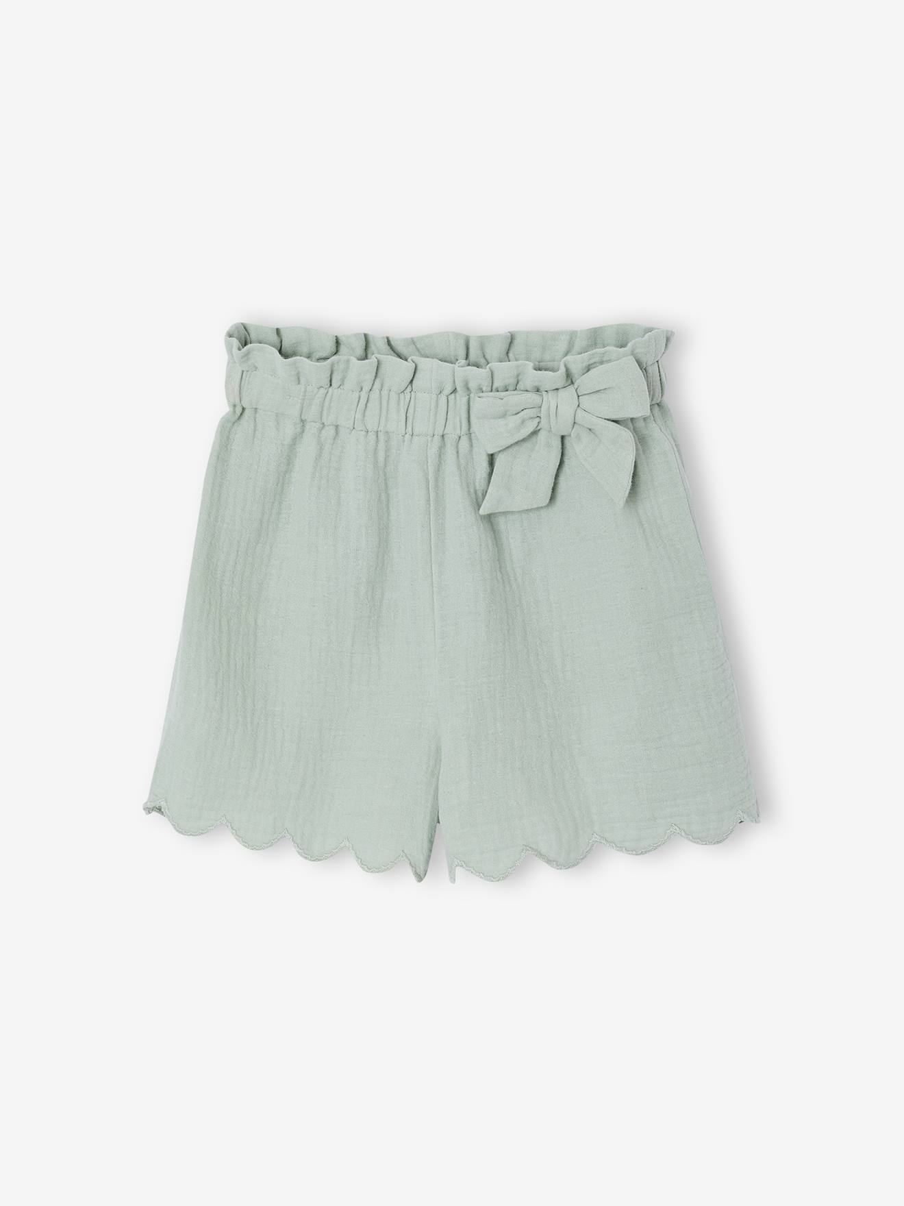 Shorts Mädchen aus Musselin mit Stoffgürtel salbeigrün Gr. 116 von vertbaudet