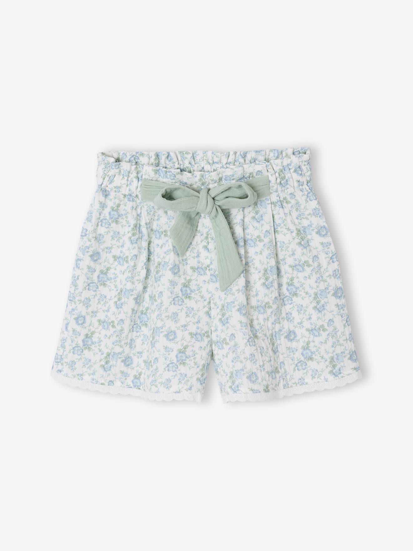 Vertbaudet Mädchen Paperbag-Shorts Aus Baumwoll-Musselin Helles Helles Blau 146/152