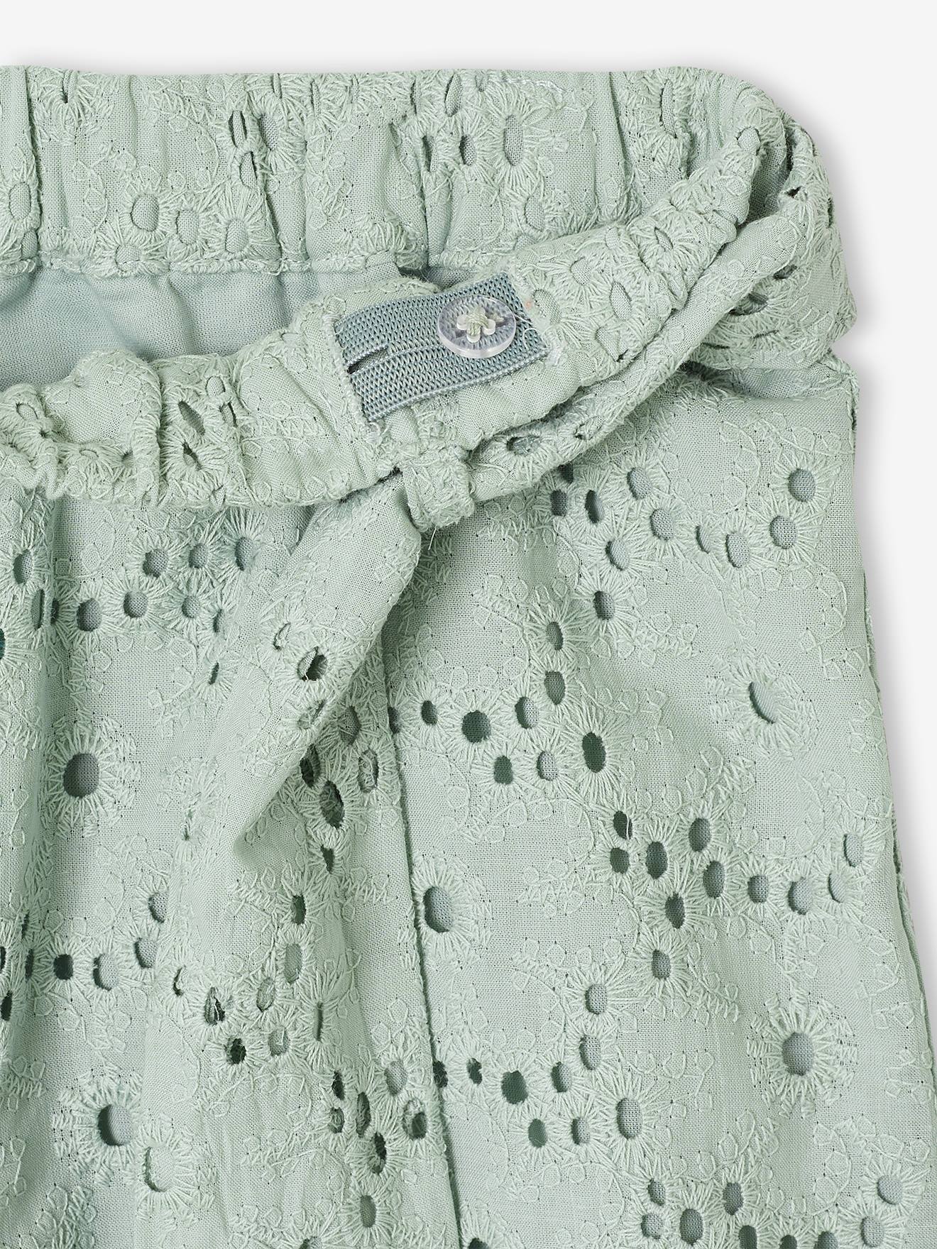 Thumbnail - Flare-Hose Mädchen mit Lochstickerei und Stoffgürtel salbei