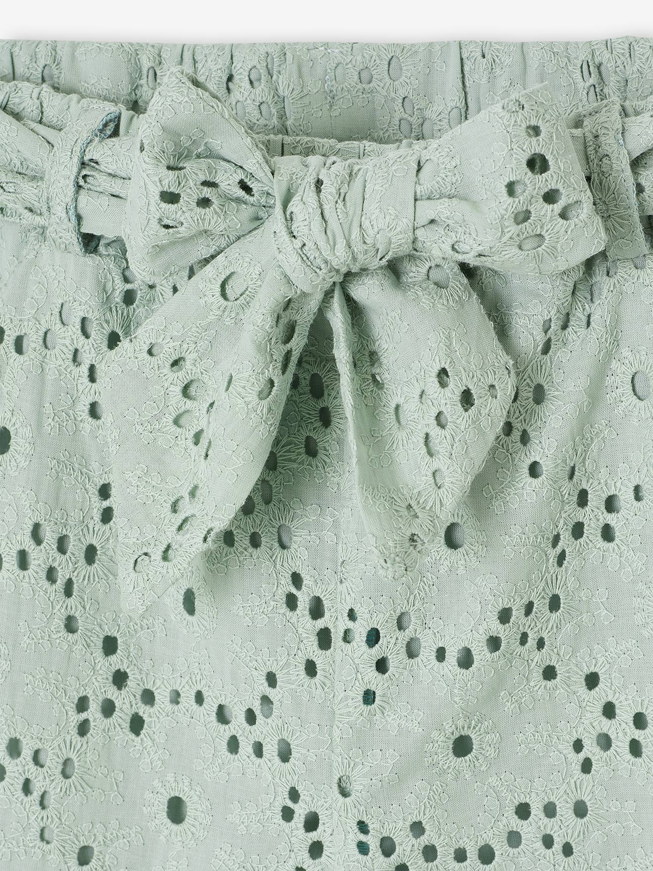 Thumbnail - Flare-Hose Mädchen mit Lochstickerei und Stoffgürtel salbei