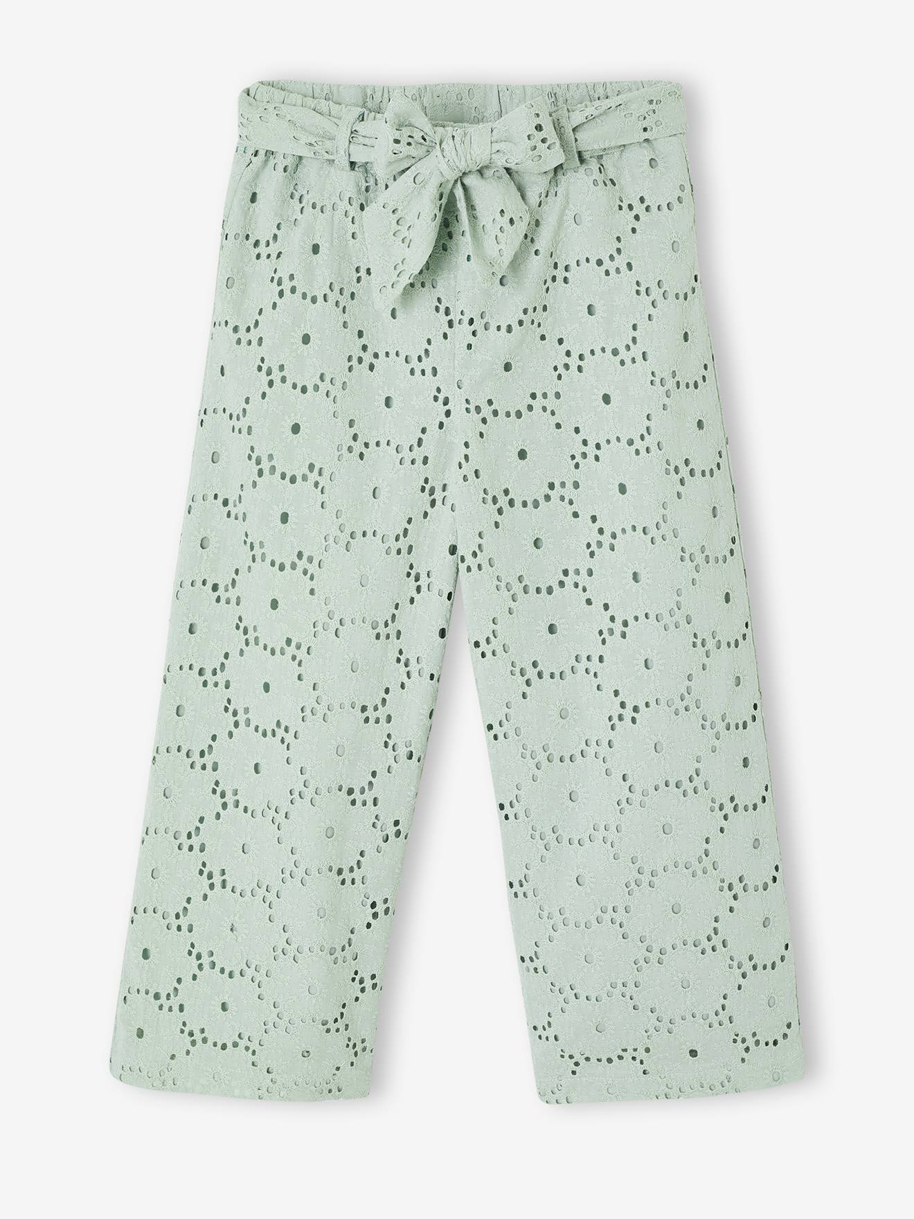 Flare-Hose Mädchen mit Lochstickerei & Stoffgürtel salbeigrün Gr. 122 von vertbaudet