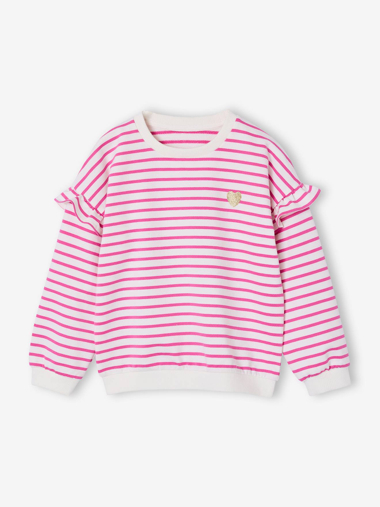 Mädchen Ringel-Sweatshirt, Volantärmel pfingstrose Gr. 146/152 von vertbaudet