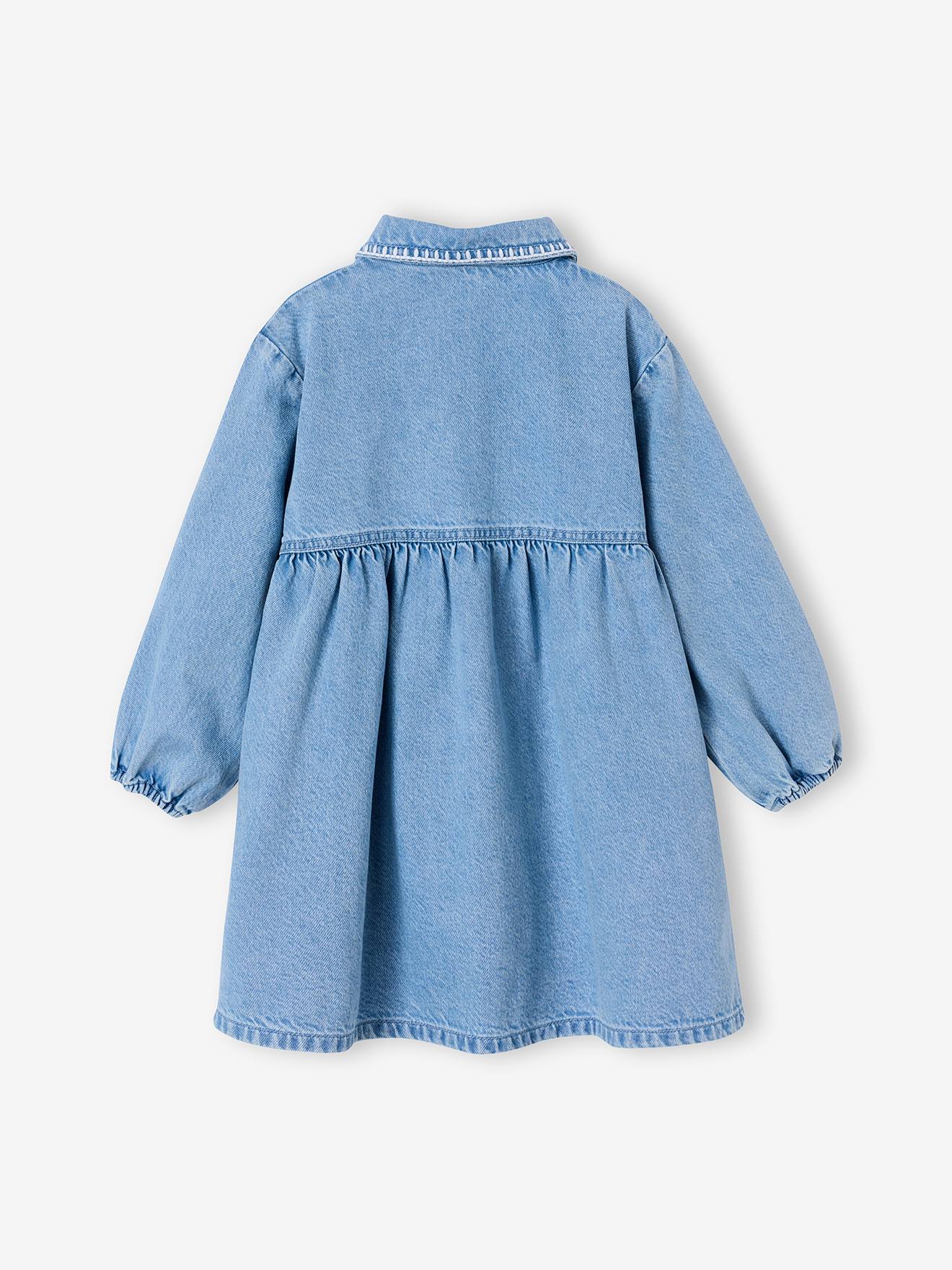 Thumbnail - Jeanskleid Mädchen mit Kragen und Kräuselfalten