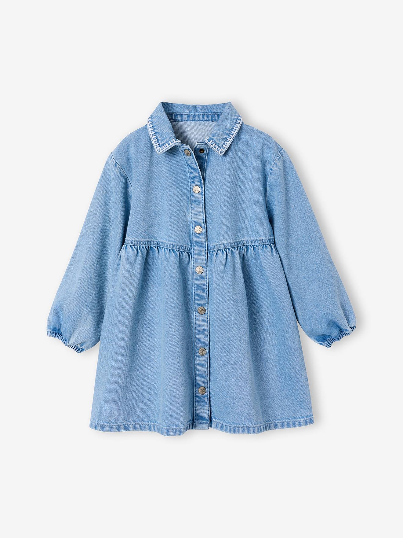 Thumbnail - Jeanskleid Mädchen mit Kragen und Kräuselfalten