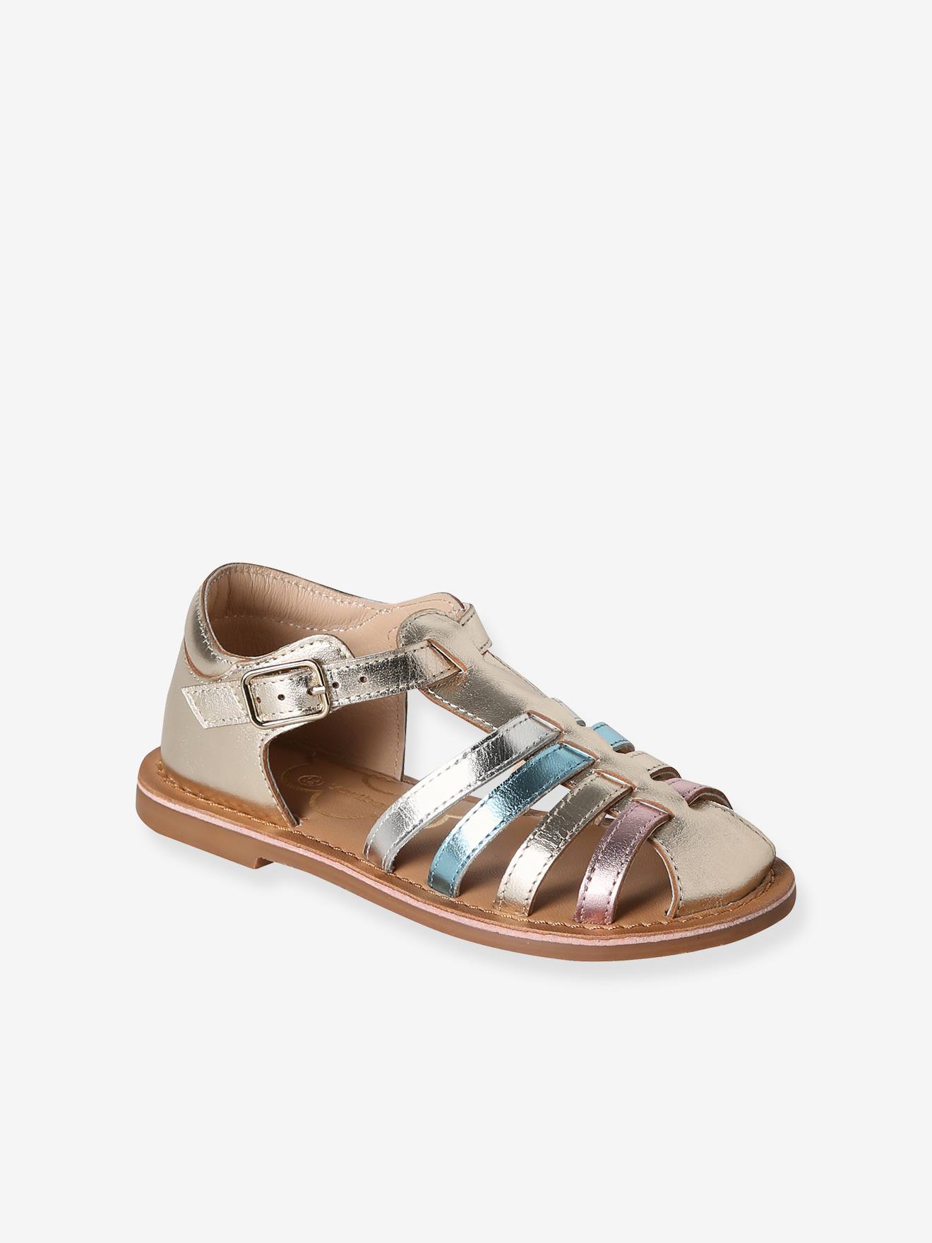 Metallic-Ledersandalen mit Schnallen Kinder gold Gr. 26 von vertbaudet