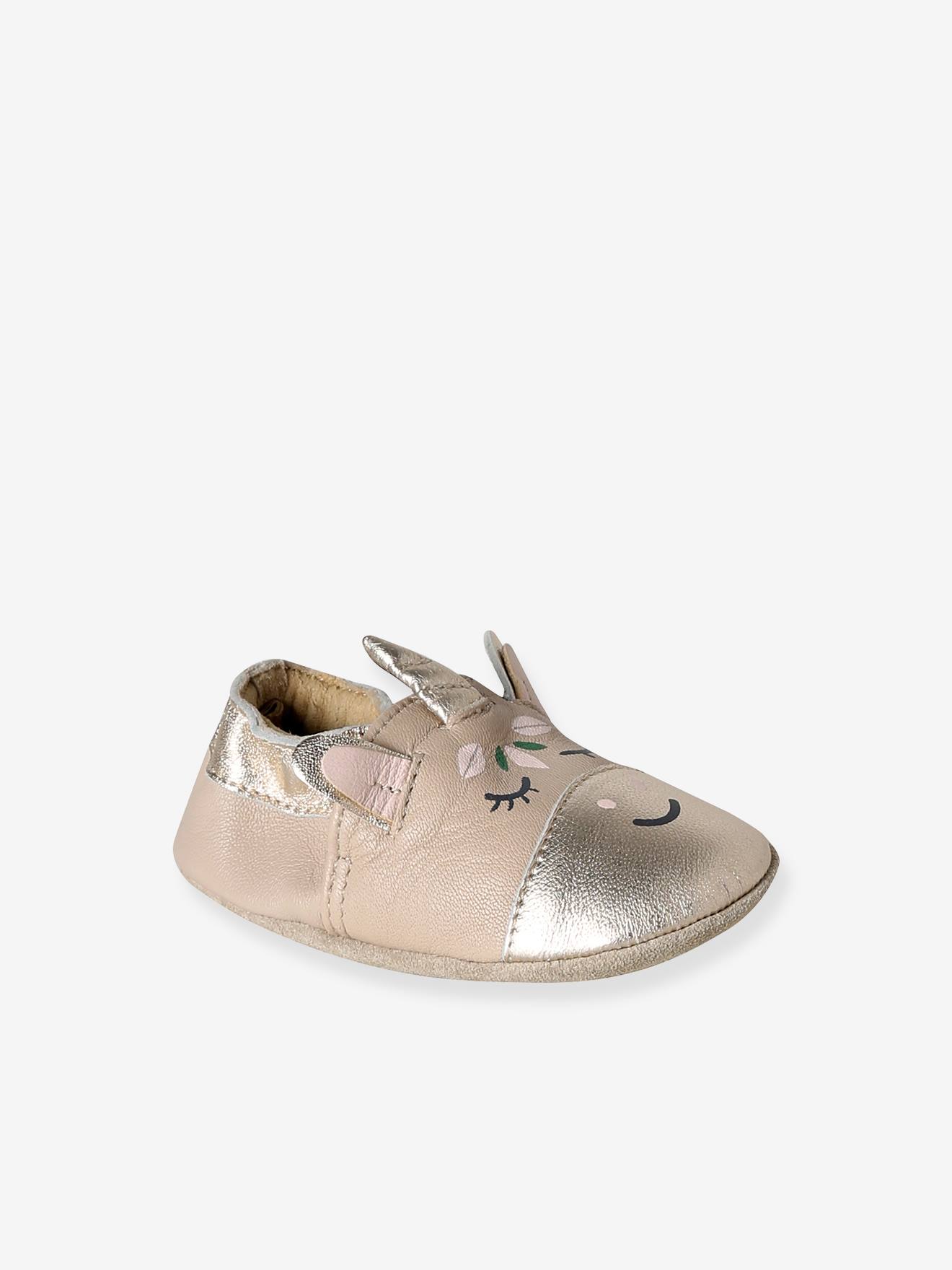 Baby Leder-Krabbelschuhe/Hausschuhe EINHORN, Geschenkbox beige golden Gr. 54/67 von vertbaudet