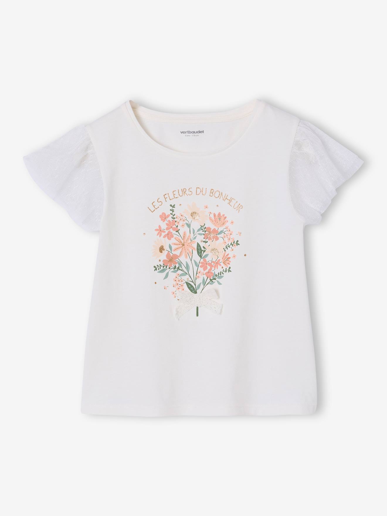 T-Shirt mit Tüllärmeln und Blumenmotiv