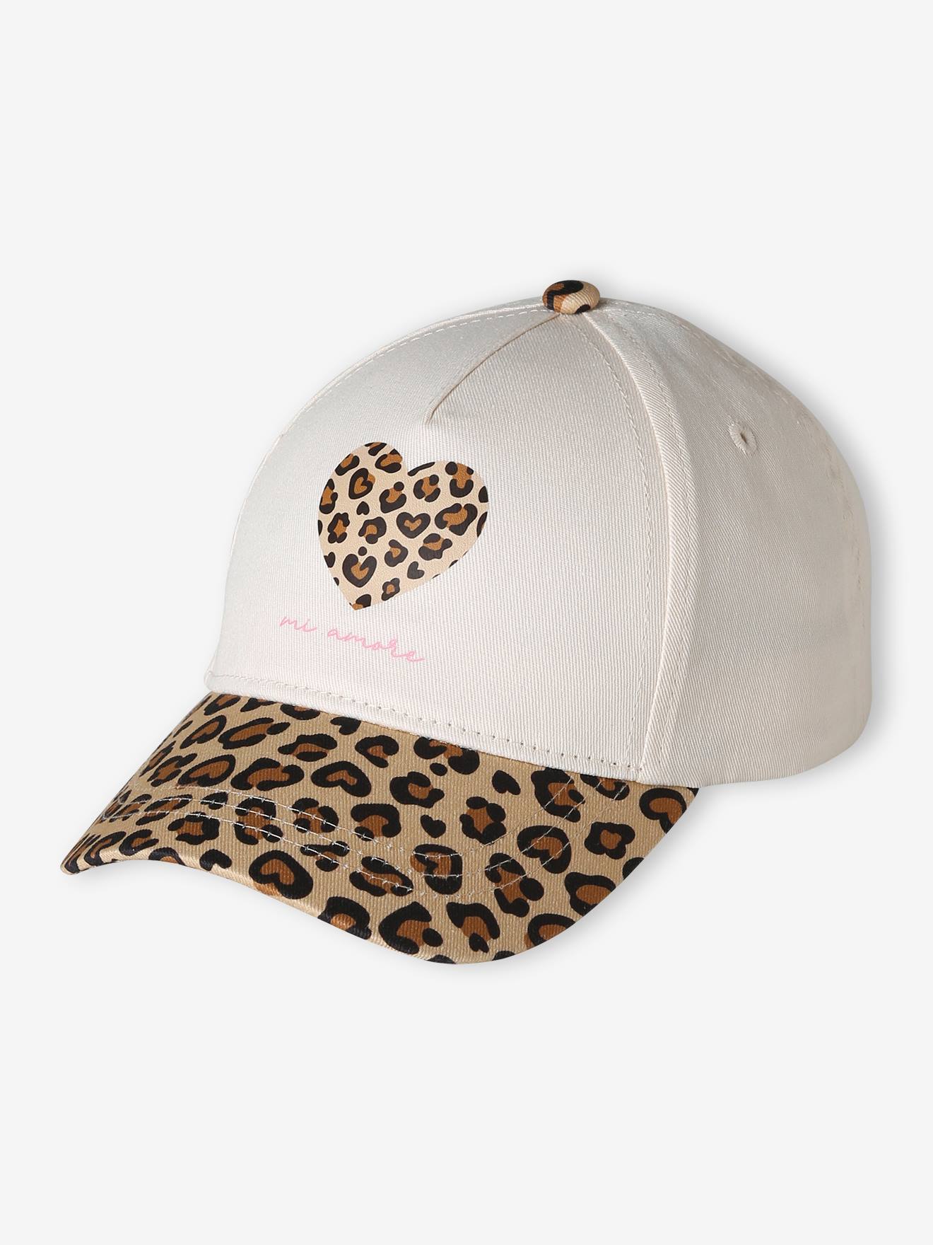 Baumwollcap mit Herz-Applikation Leo-Muster Mädchen vanille Gr. 104/116 von vertbaudet