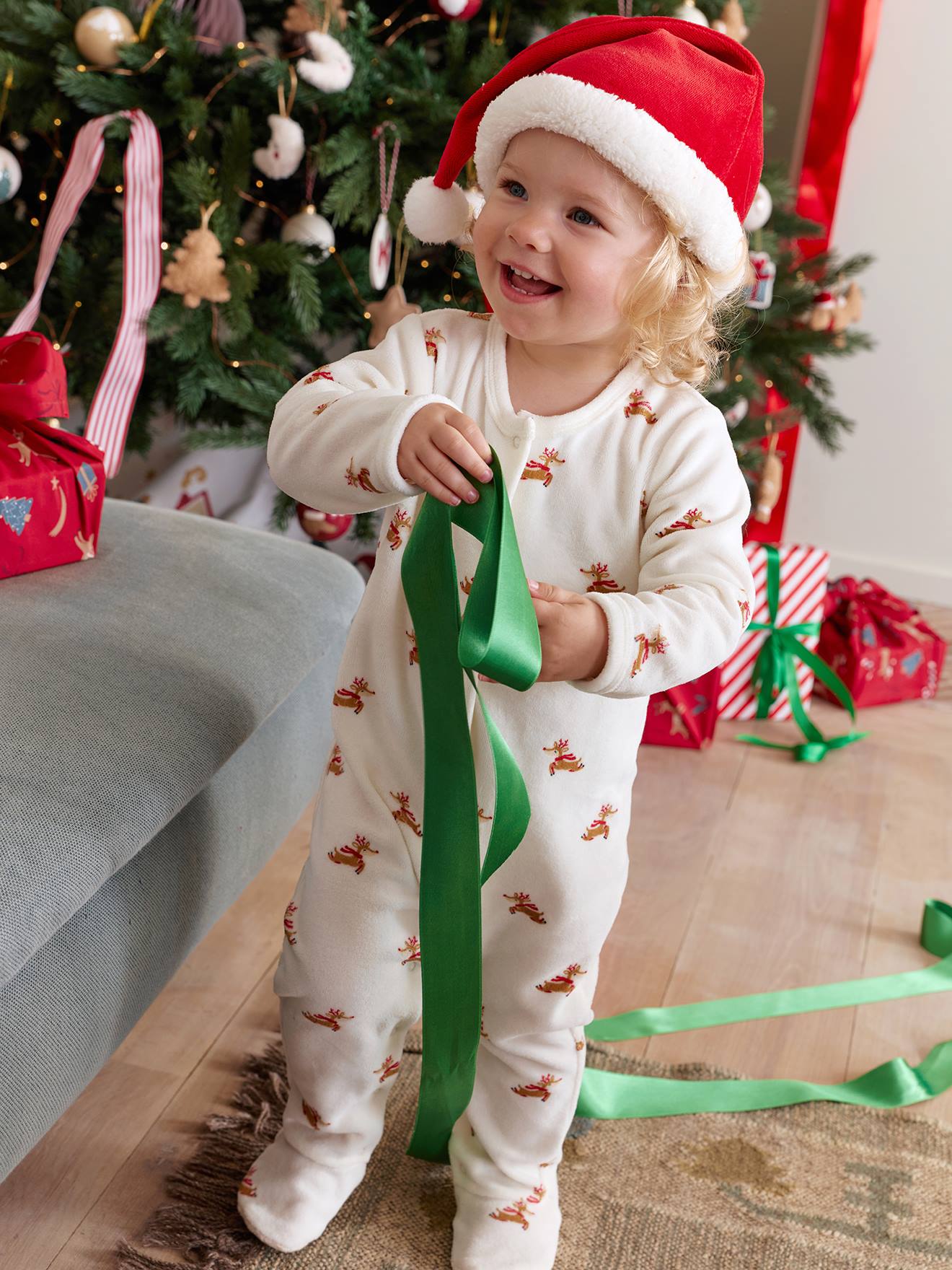 Weihnachts-Set: Baby Samt-Schlafanzug & Mütze mit Rentiermotiv Geschwister-Capsule ENVIE DE FRAISE wollweiß Gr. 86