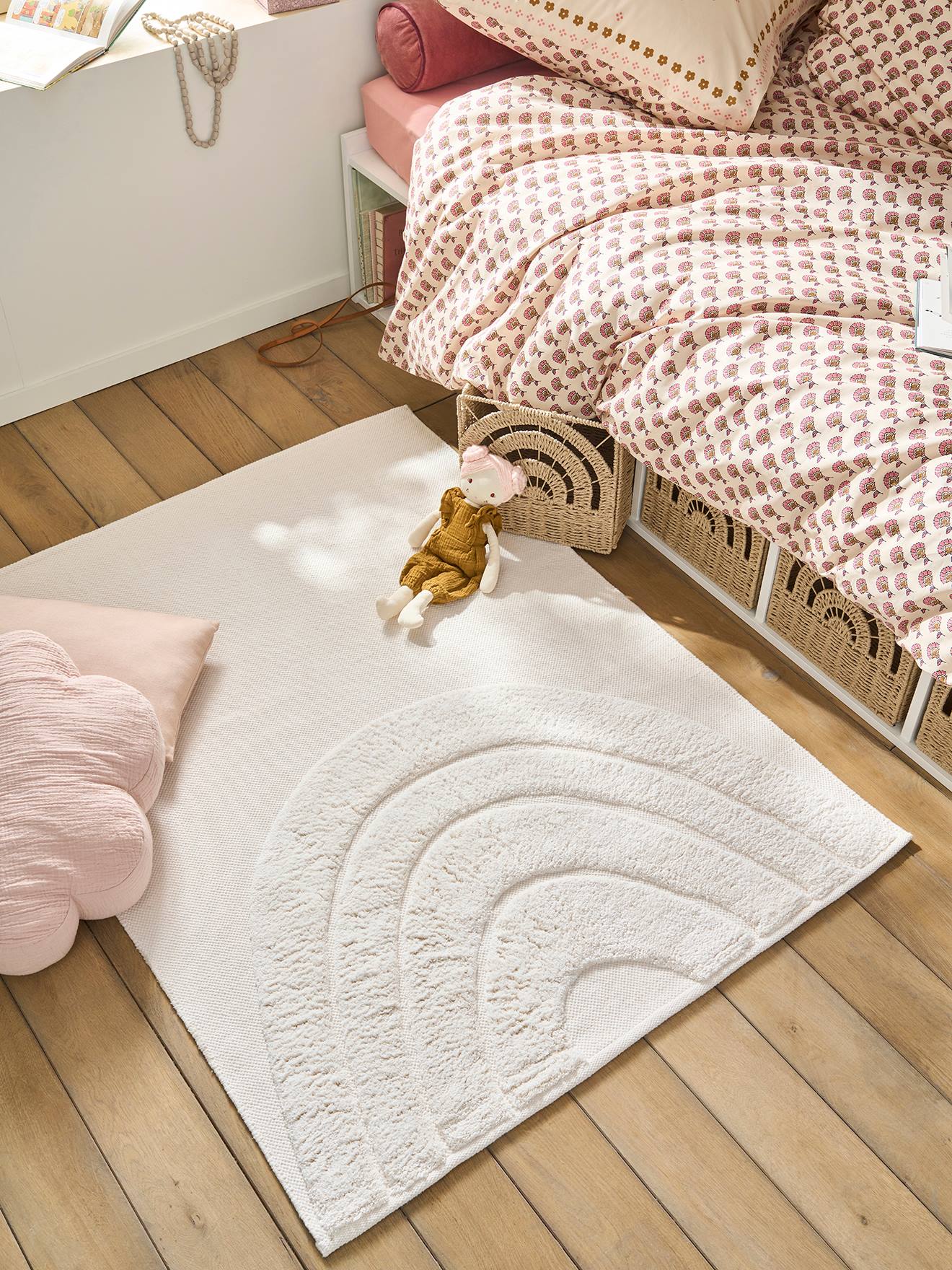 Vertbaudet Rechteckiger Kinderzimmer Teppich Regenbogen Wollweiß Einheitsgröße