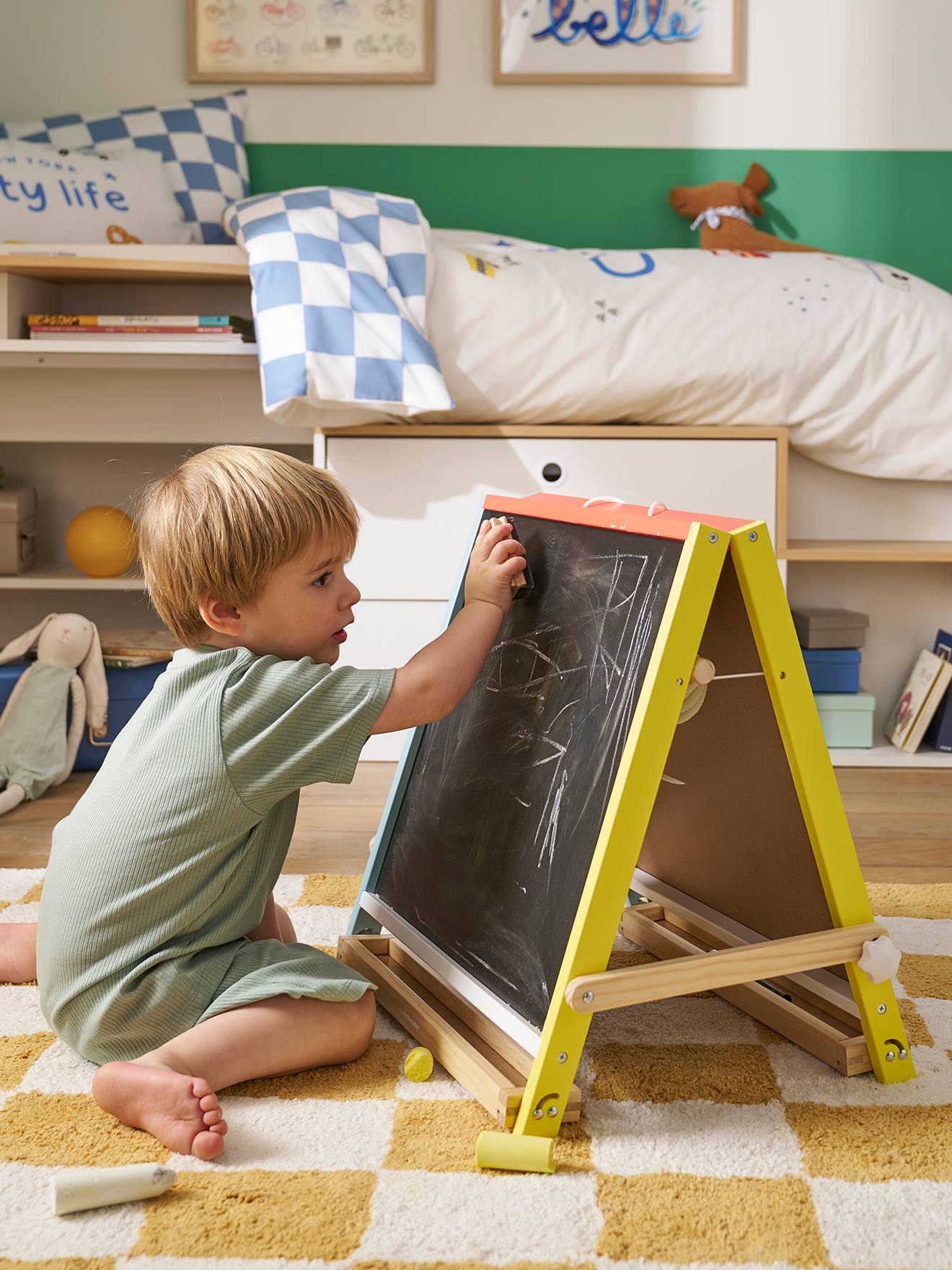 Klappbare kleine Kinder 3-in-1-Tafel aus Holz FSC gelb von vertbaudet
