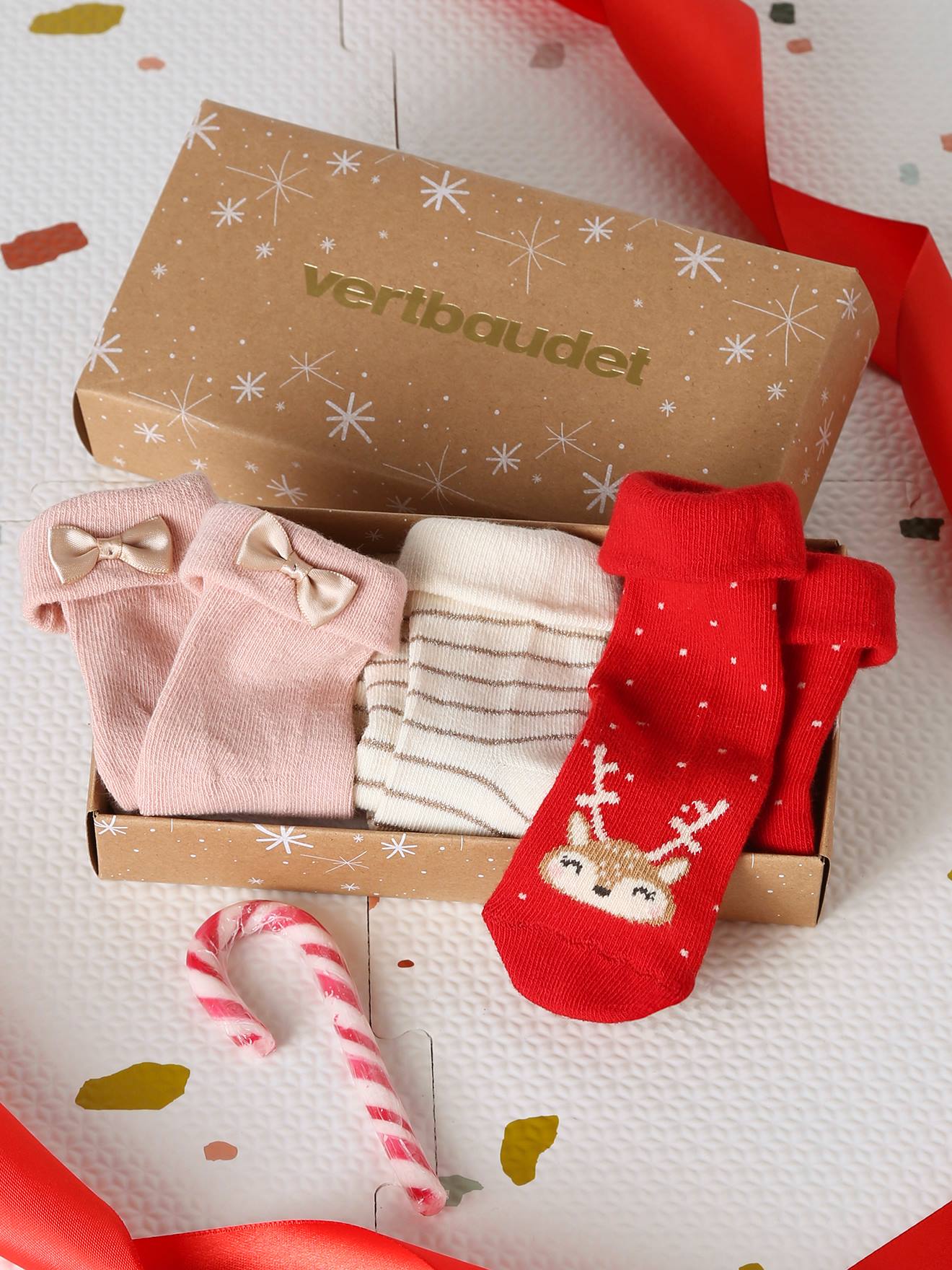 3er-Pack Baby Weihnachts-Socken im Geschenkkarton pudrig