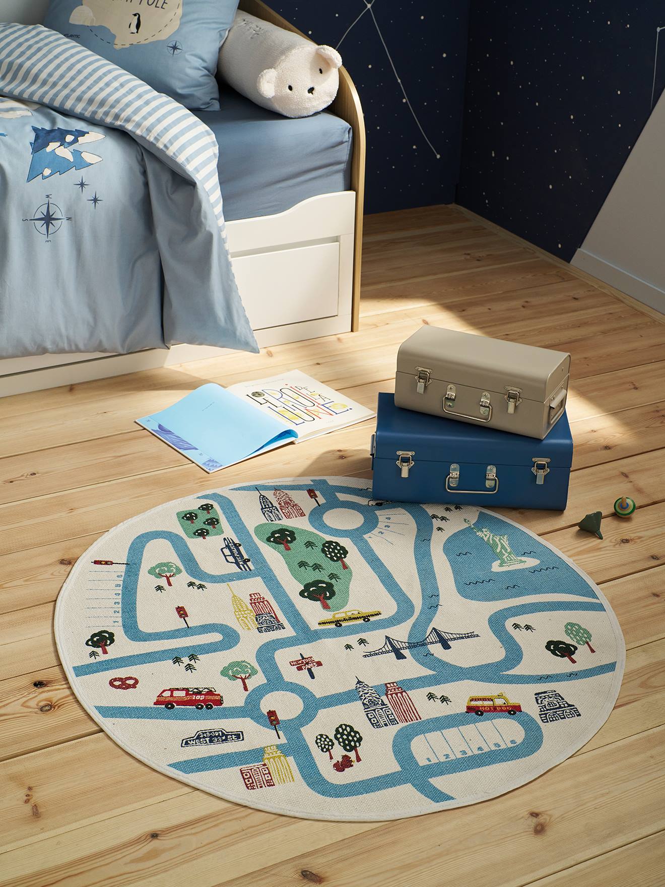 Runder Spielteppich mit Straßenmotiv CITY LIFE, Kinderzimmer wollweiß von vertbaudet