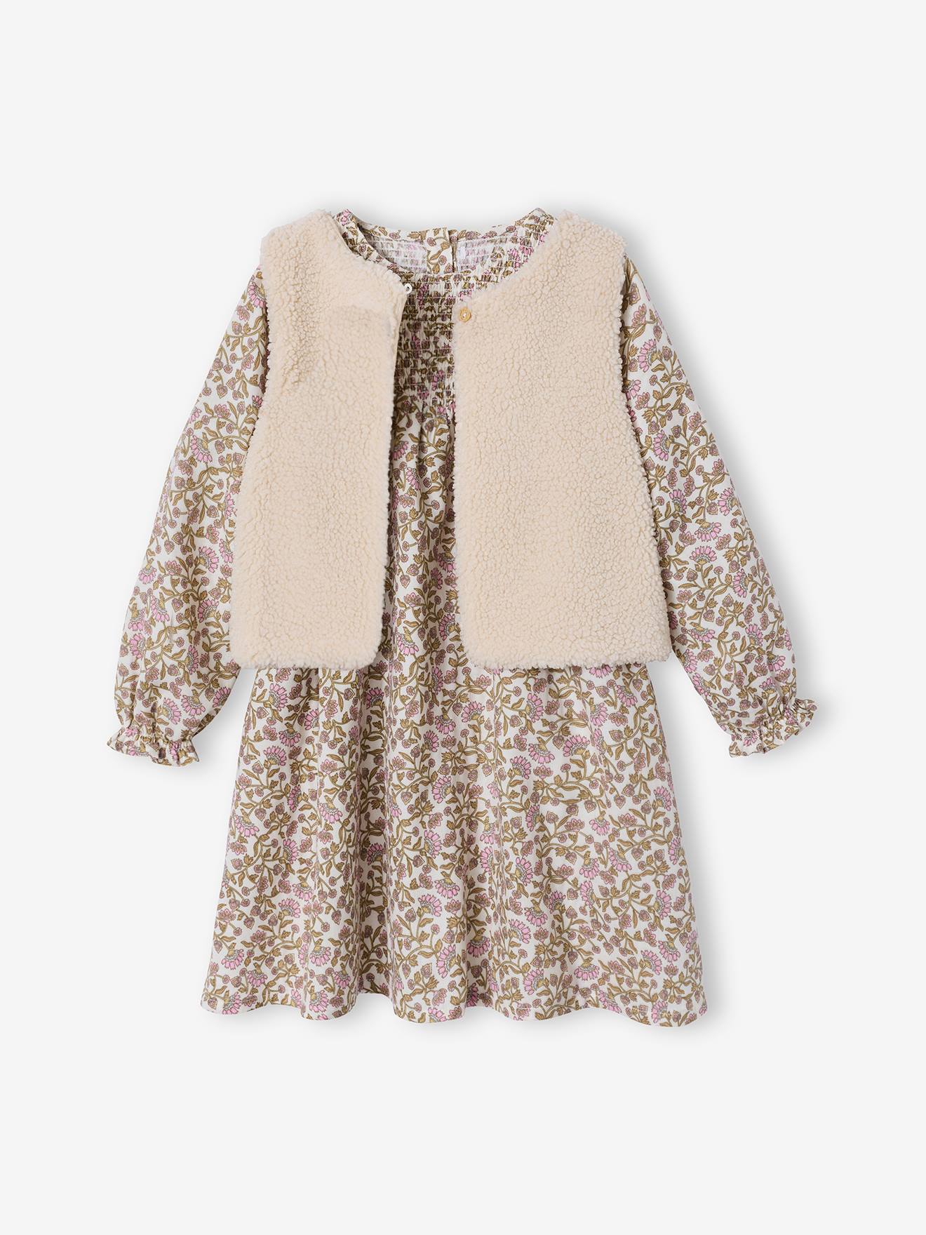 Set aus Musselin-Kleid & Weste aus Teddyfleece Mädchen wollweiß Gr. 110 von vertbaudet