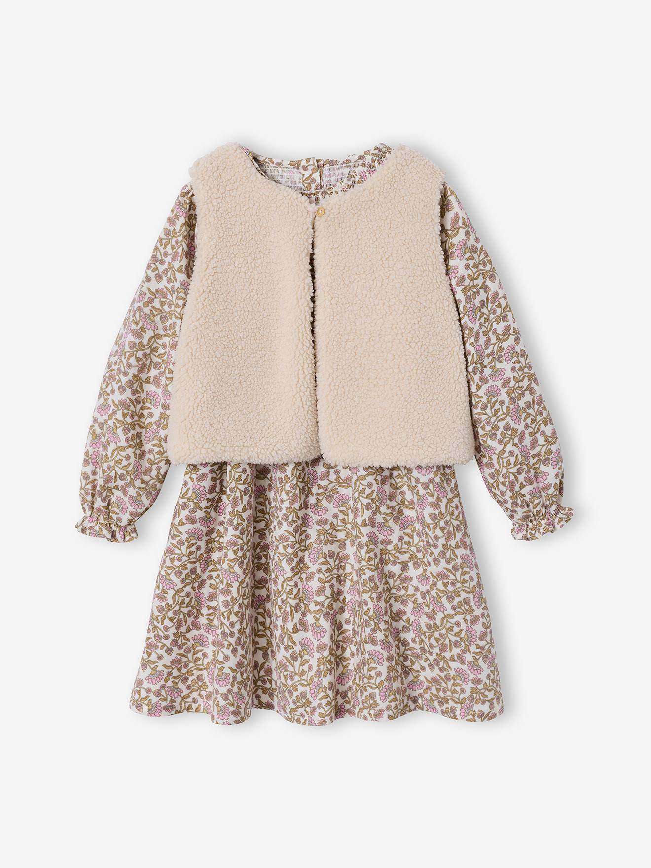 Thumbnail - Set aus Musselin-Kleid und Weste aus Teddyfleece Mädchen