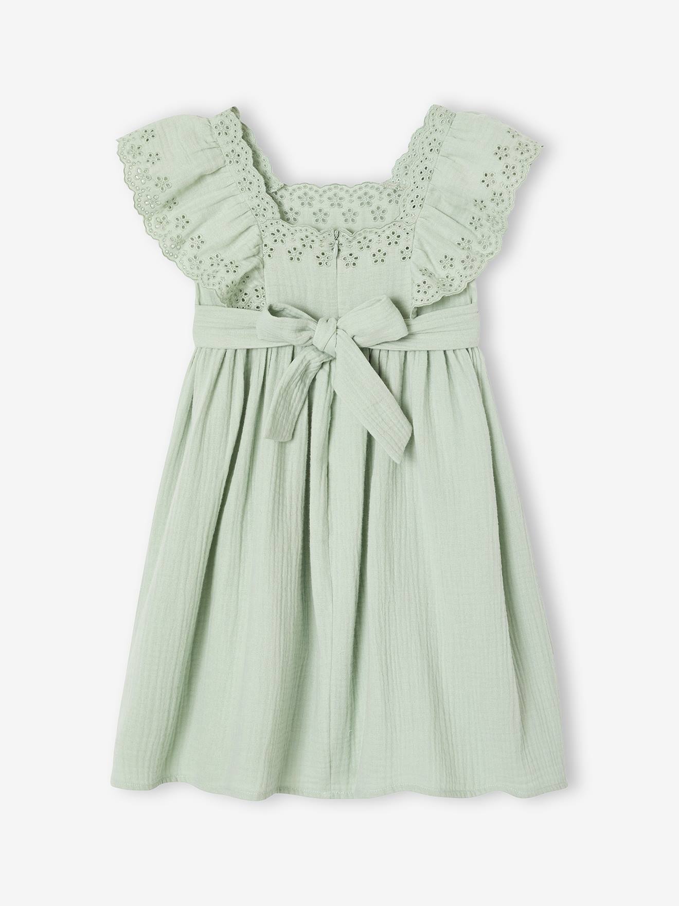 Thumbnail - Festliches Mädchen Musselinkleid mit bestickten Ärmeln salbei
