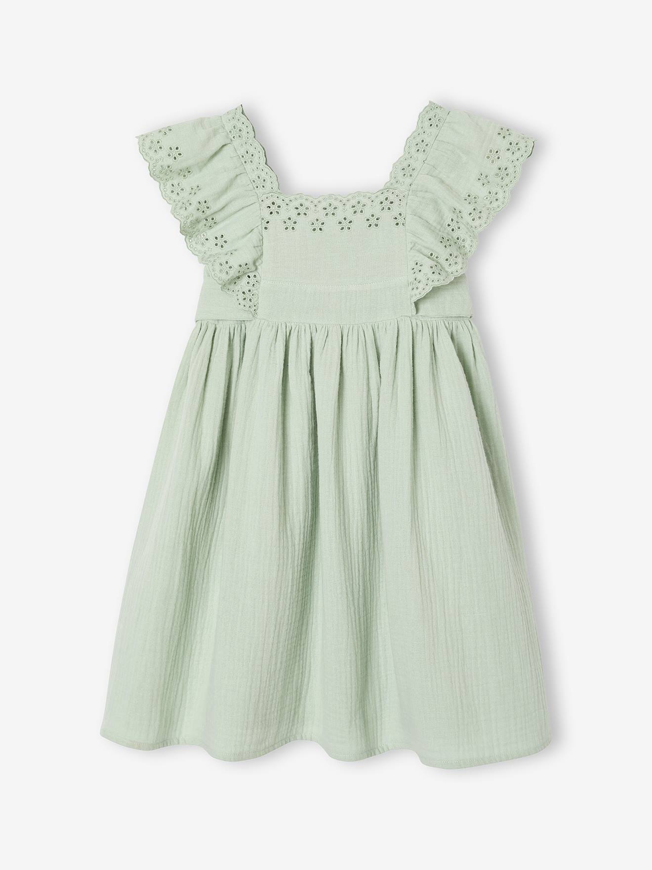 Thumbnail - Festliches Mädchen Musselinkleid mit bestickten Ärmeln salbei