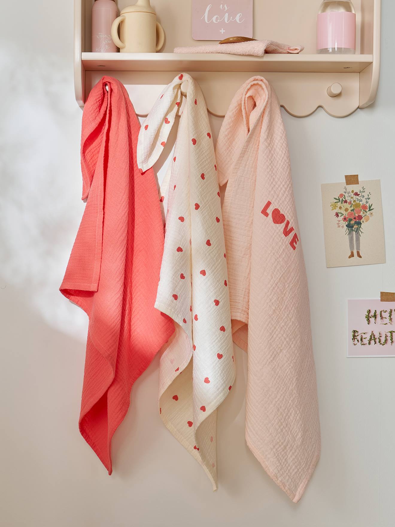 Vertbaudet Wickeltücher Baby 3Er-Set Mein Herz Rosa Bedruckt Einheitsgröße