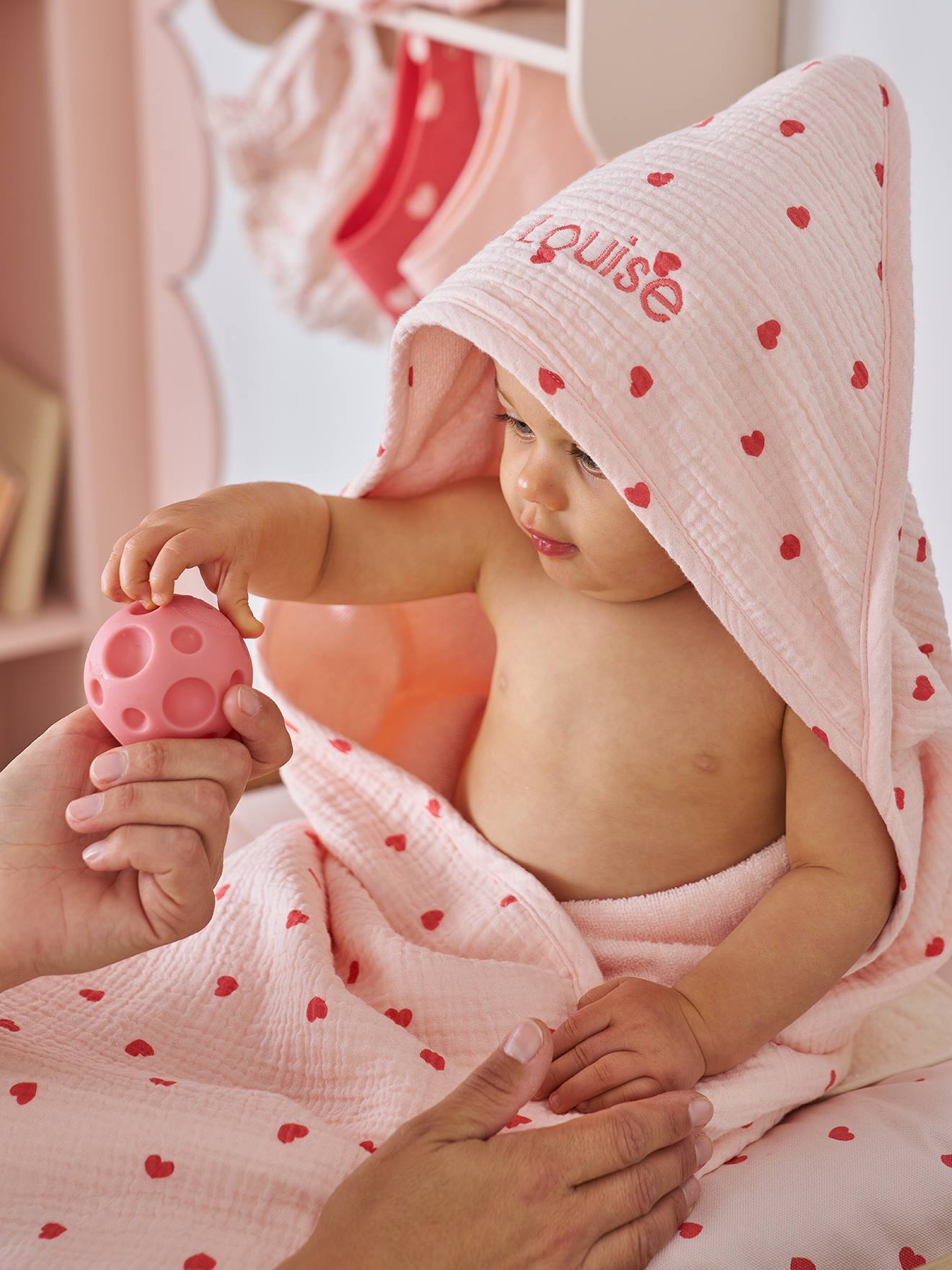 Vertbaudet Set Aus Badecape & Waschhandschuh Baby Mein Herz Rosa Bedruckt 100X100