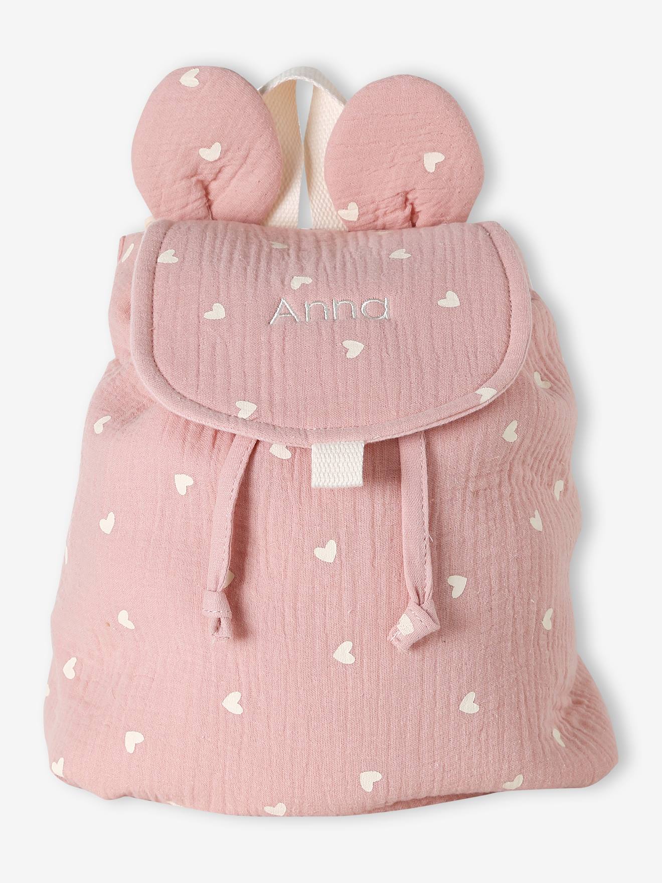 Vertbaudet Kinder Kita-Rucksack Aus Musselin Mit Ohren Rosa Herzen Einheitsgröße