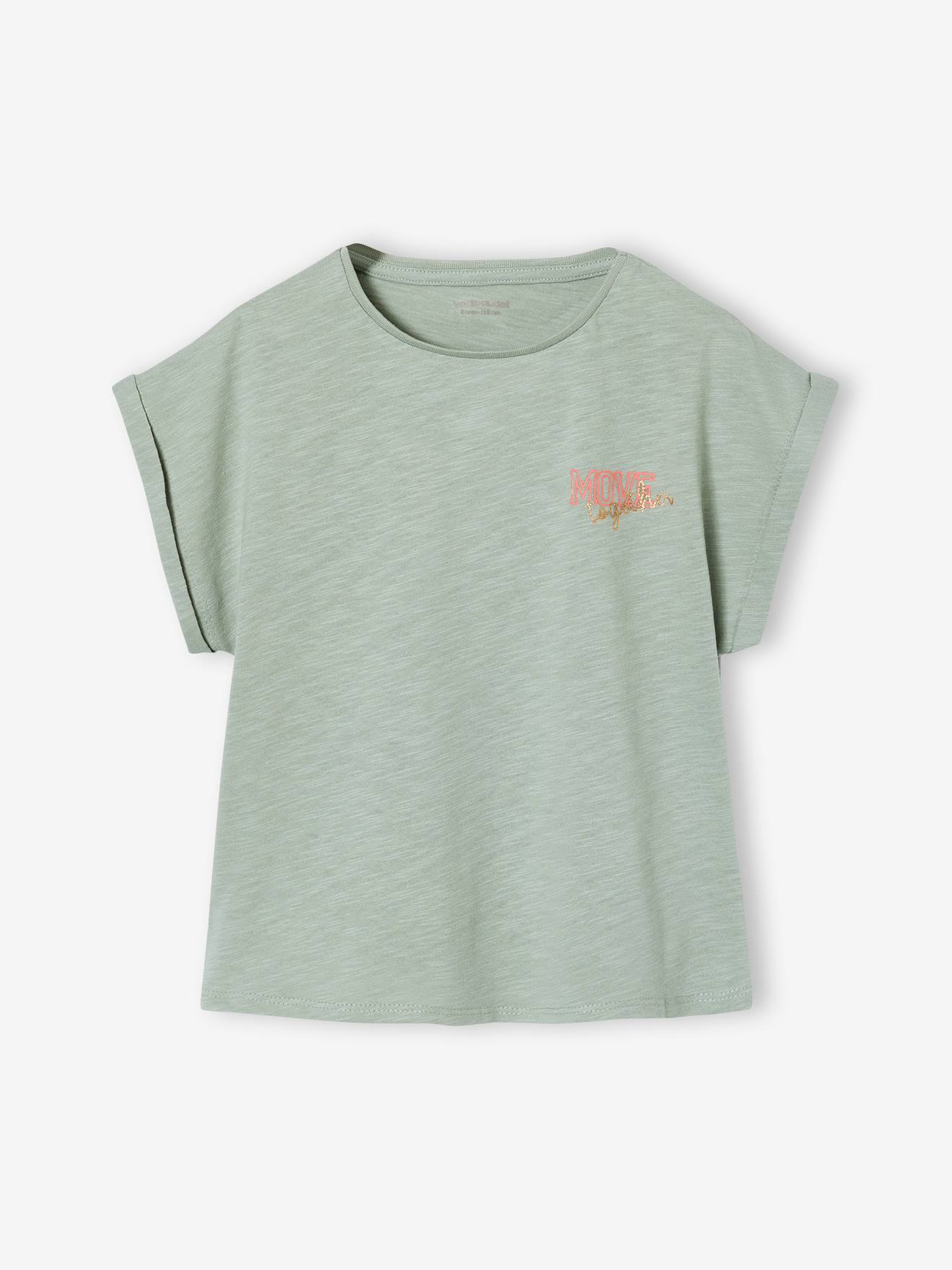 T-Shirt Mädchen Rundhals BASIC mit Recyclingmaterial salbei