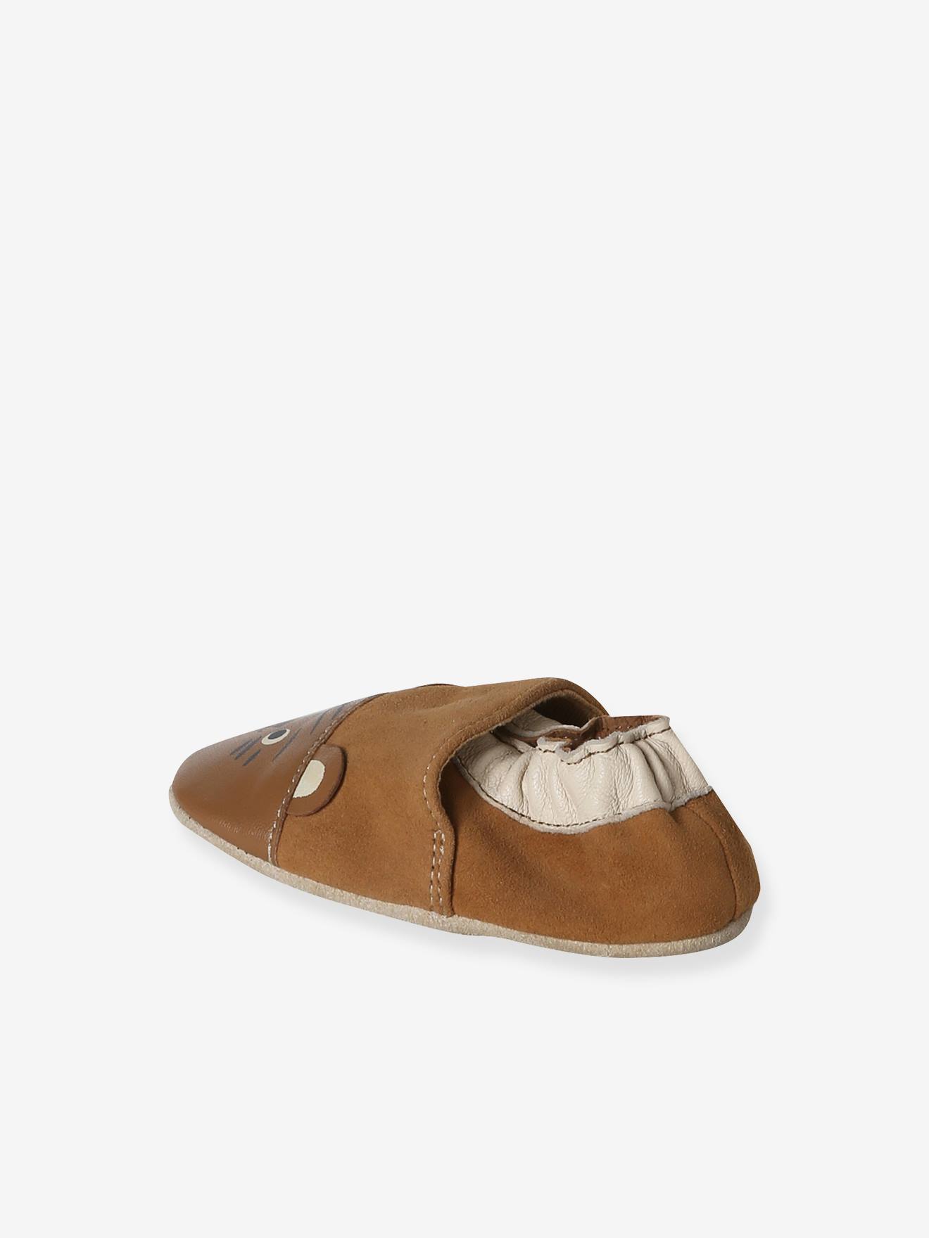 Thumbnail - Baby Leder-Hausschuhe mit elastischem Einstieg schokolade