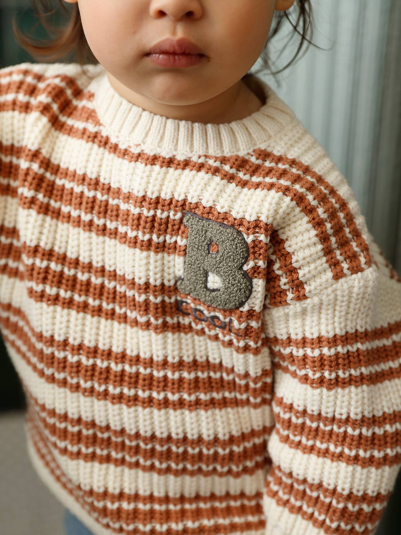 Baby Streifenpullover mit Frottee-Buchstabe beige Gr. 86 von vertbaudet