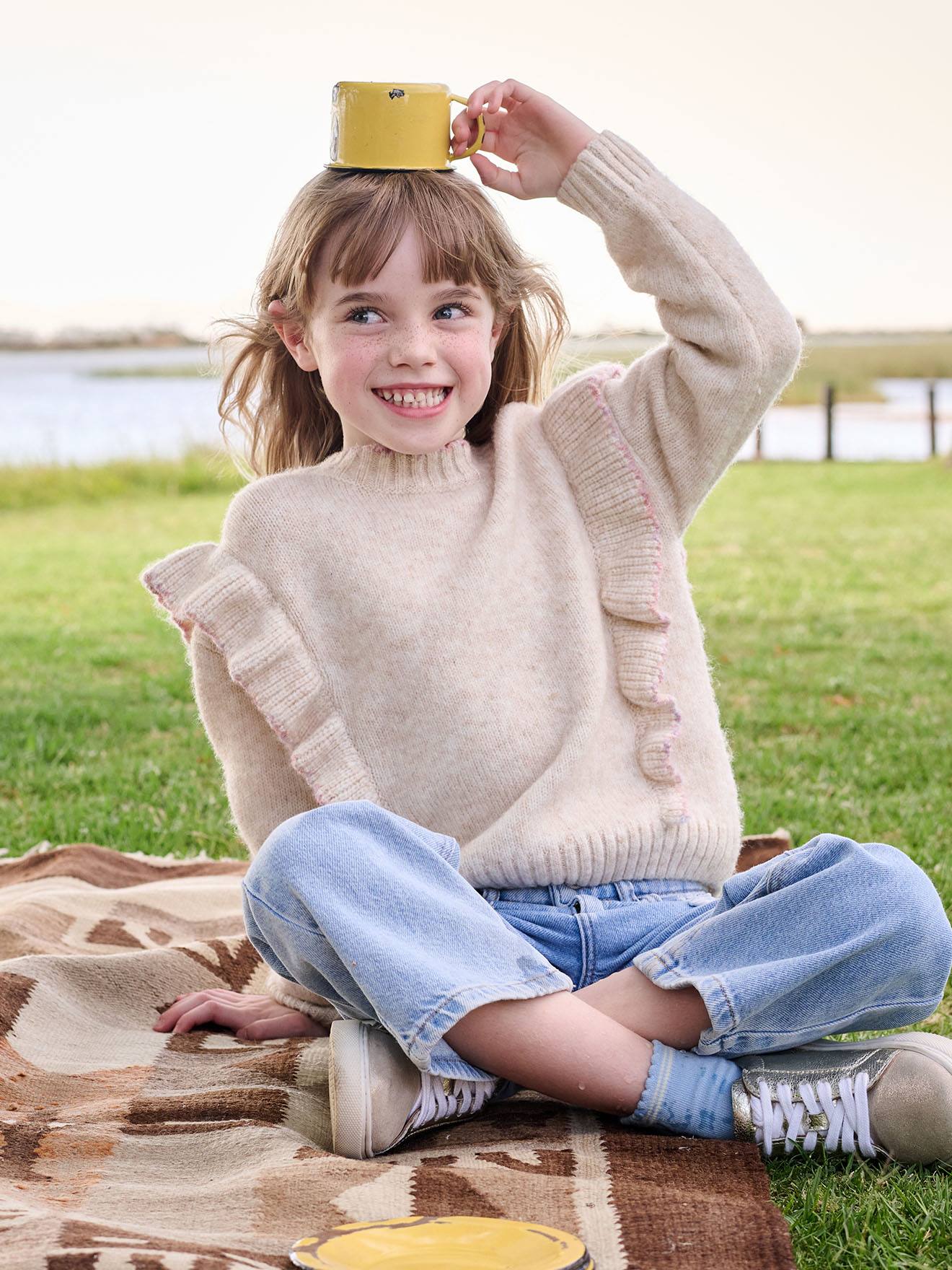 Vertbaudet Pullover Mädchen Strick Mit Volants Wollweiß 146/152