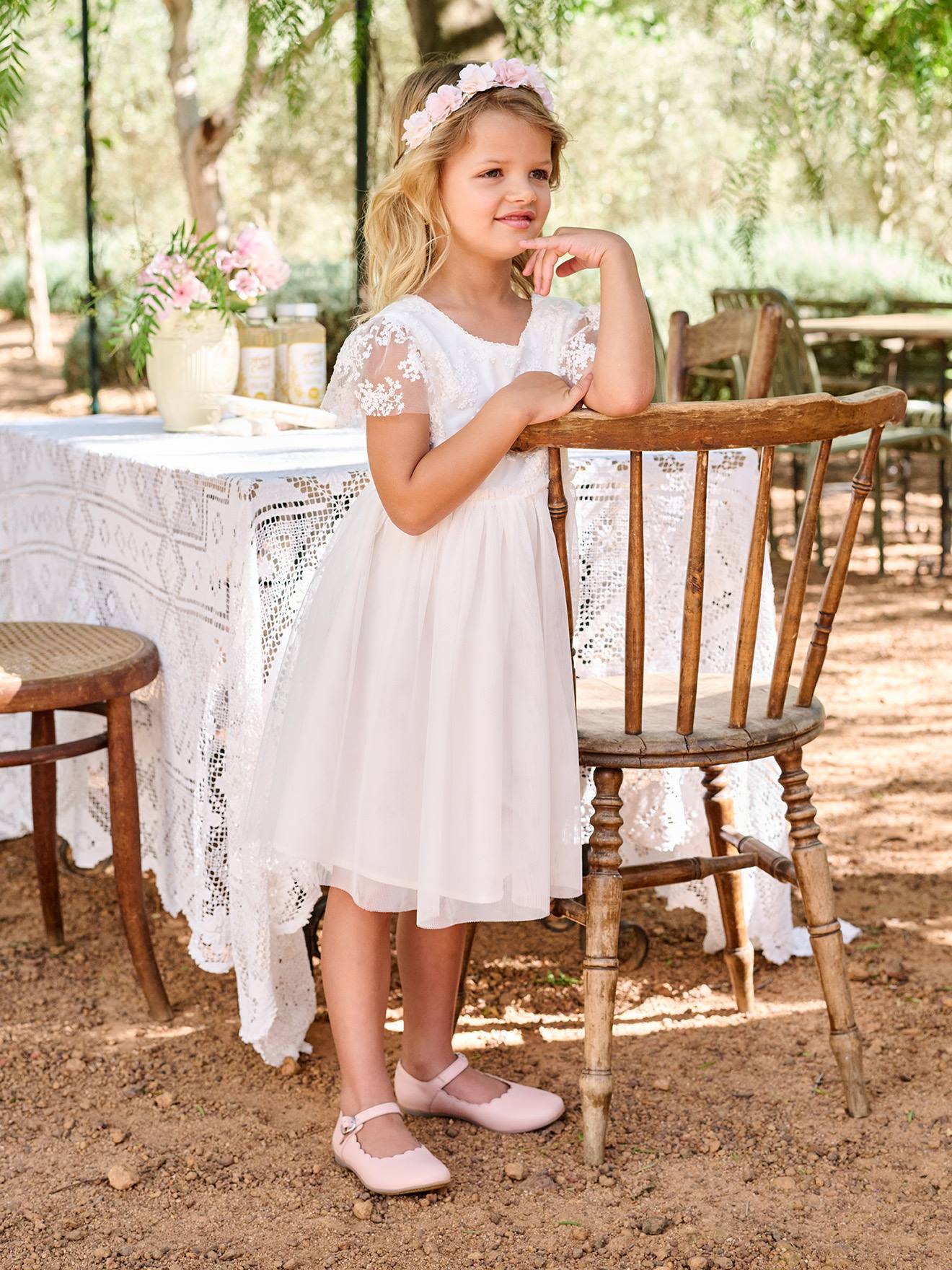 Festkleid mit Spitze & Tüll für Mädchen, Kommunion weiß Gr. 140 von vertbaudet