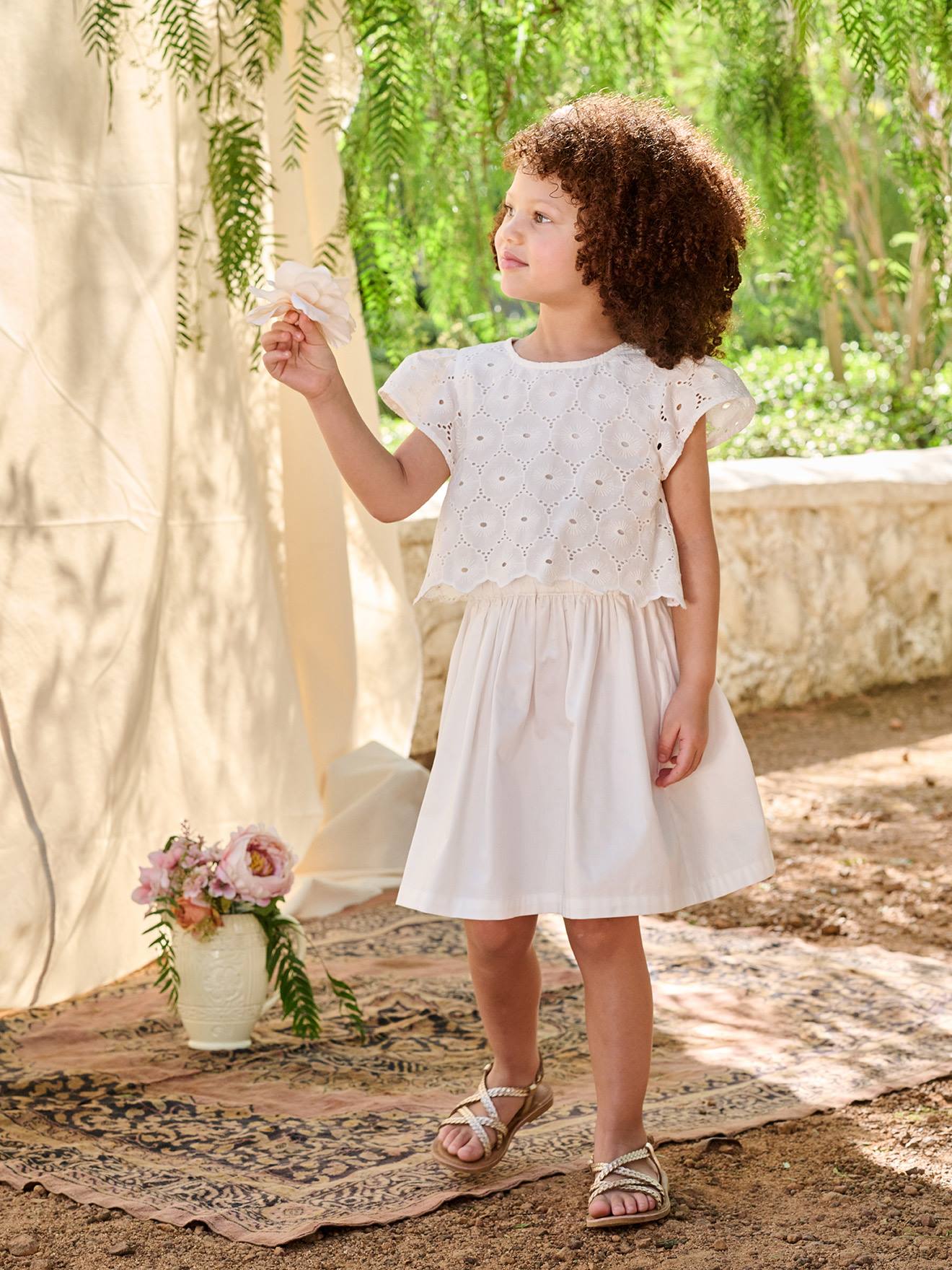 Kurzärmeliges Festkleid 2-in-1-Look für Mädchen weiß Gr. 98/104 von vertbaudet