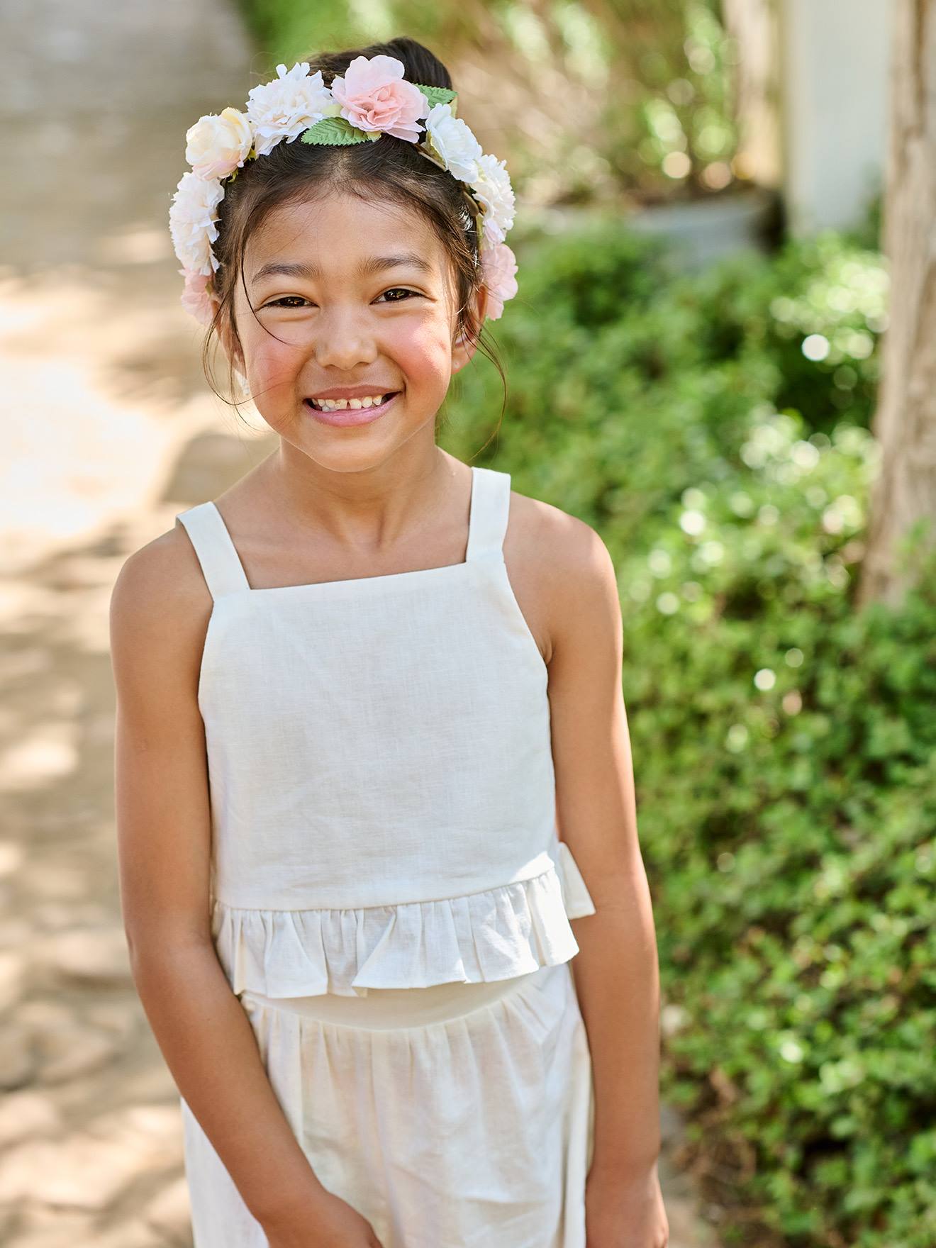 Set aus Baumwoll-Leinen-Mix: Hose & Top mit Rüschen, Mädchen weiß Gr. 116 von vertbaudet