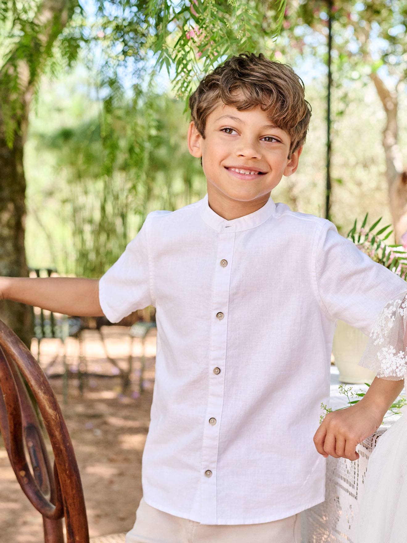Jungen Hemd mit Stehkragen, Leinenmix weiß Gr. 152 von vertbaudet