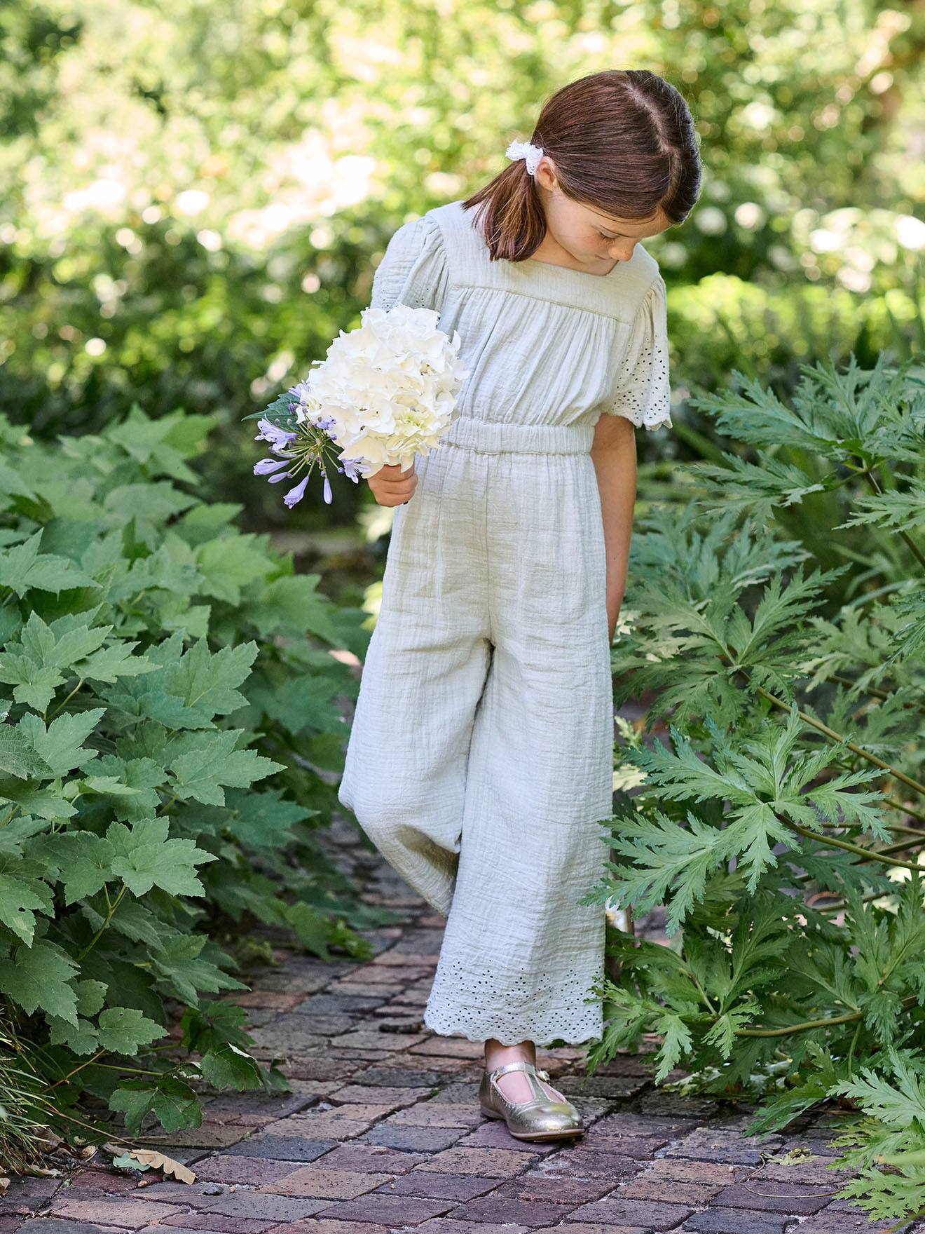 Vertbaudet Mädchen Jumpsuit Aus Musselin Mit Stickerei Salbei Salbeigrün 146/152