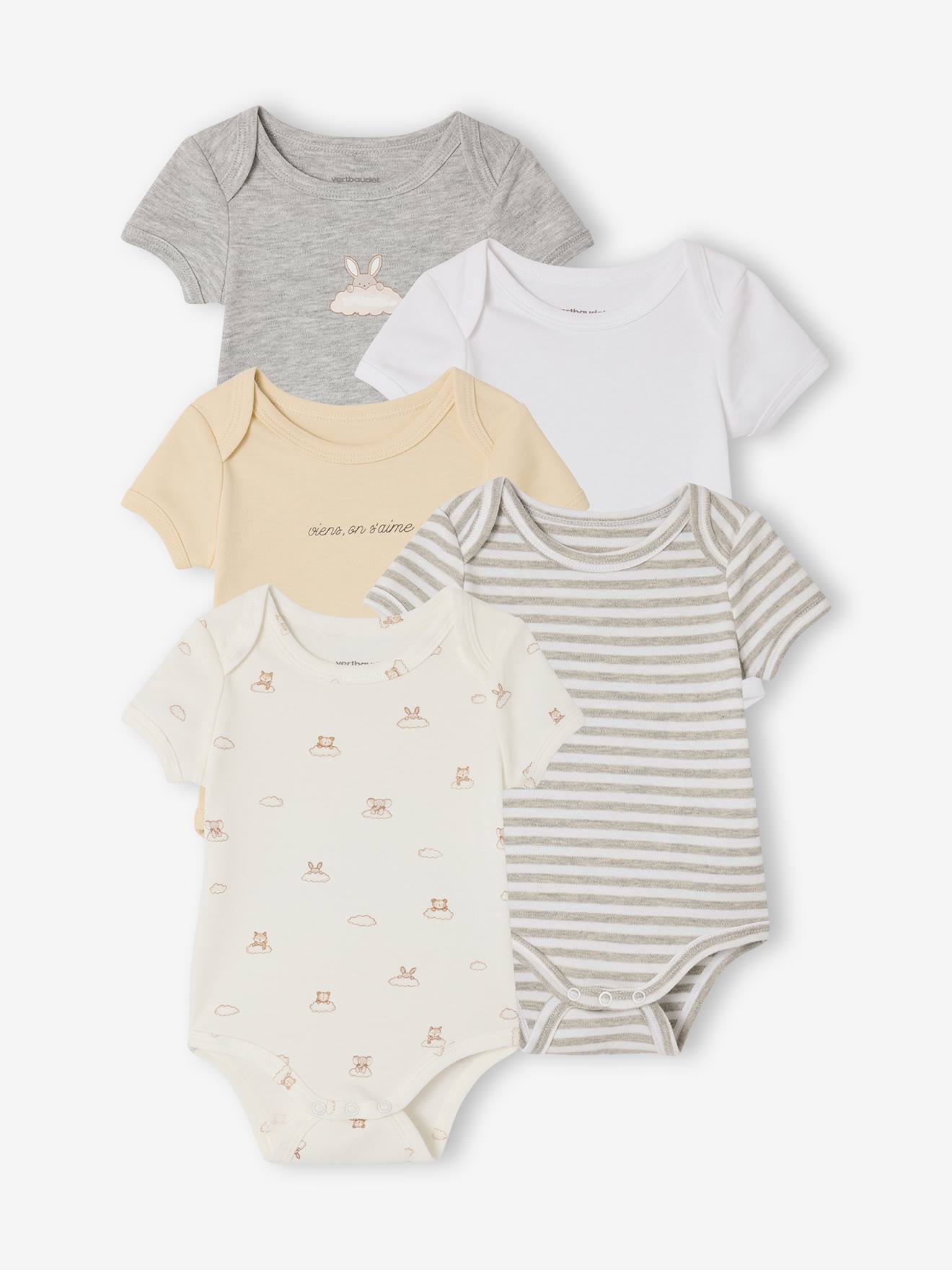 5er-Pack Baby Schlupfbodys mit kurzen Ärmeln, Wolke- & Hasenmotiven wollweiß Gr. 56 von vertbaudet