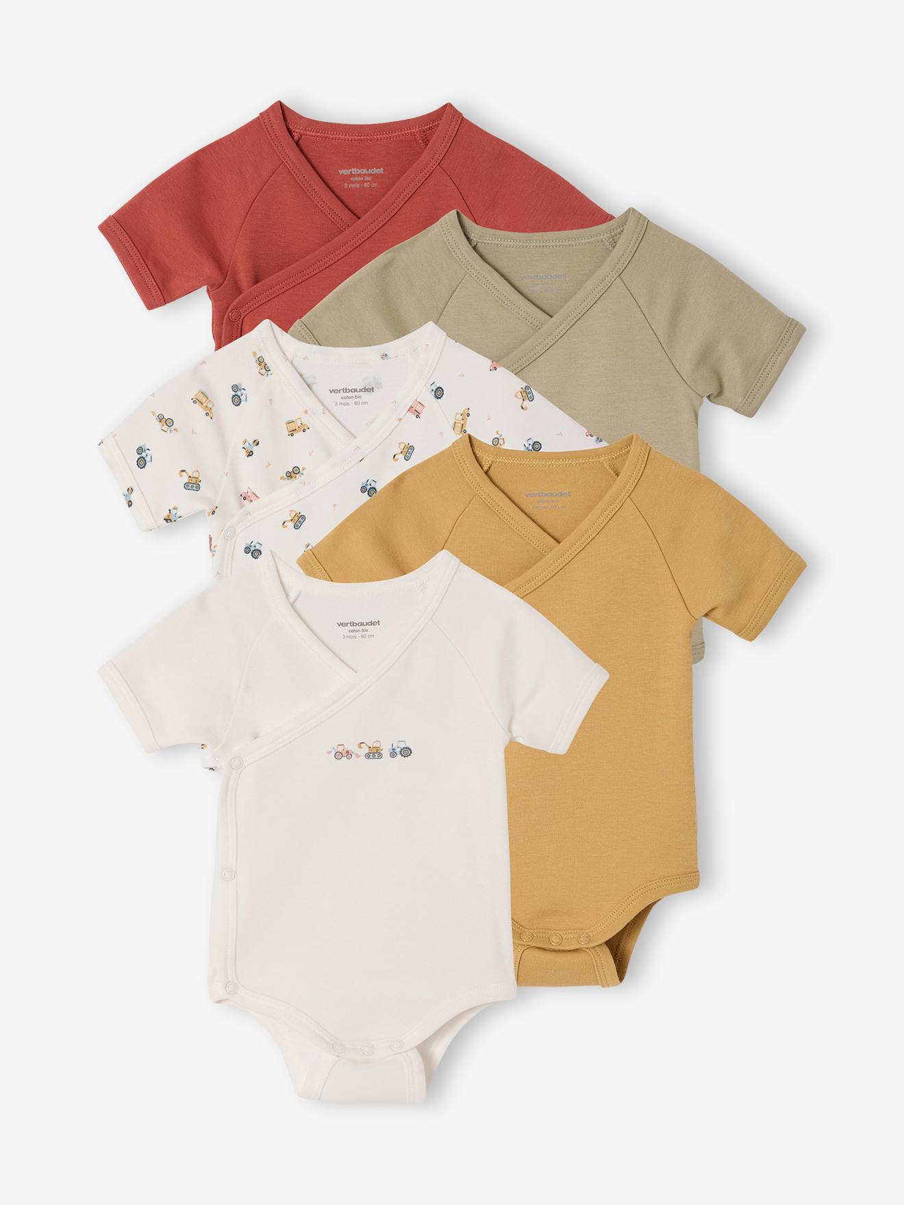 5er-Pack Baby Wickelbodys mit Traktormotiv, Bio-Baumwolle terrakotta farbe Gr. 62 von vertbaudet