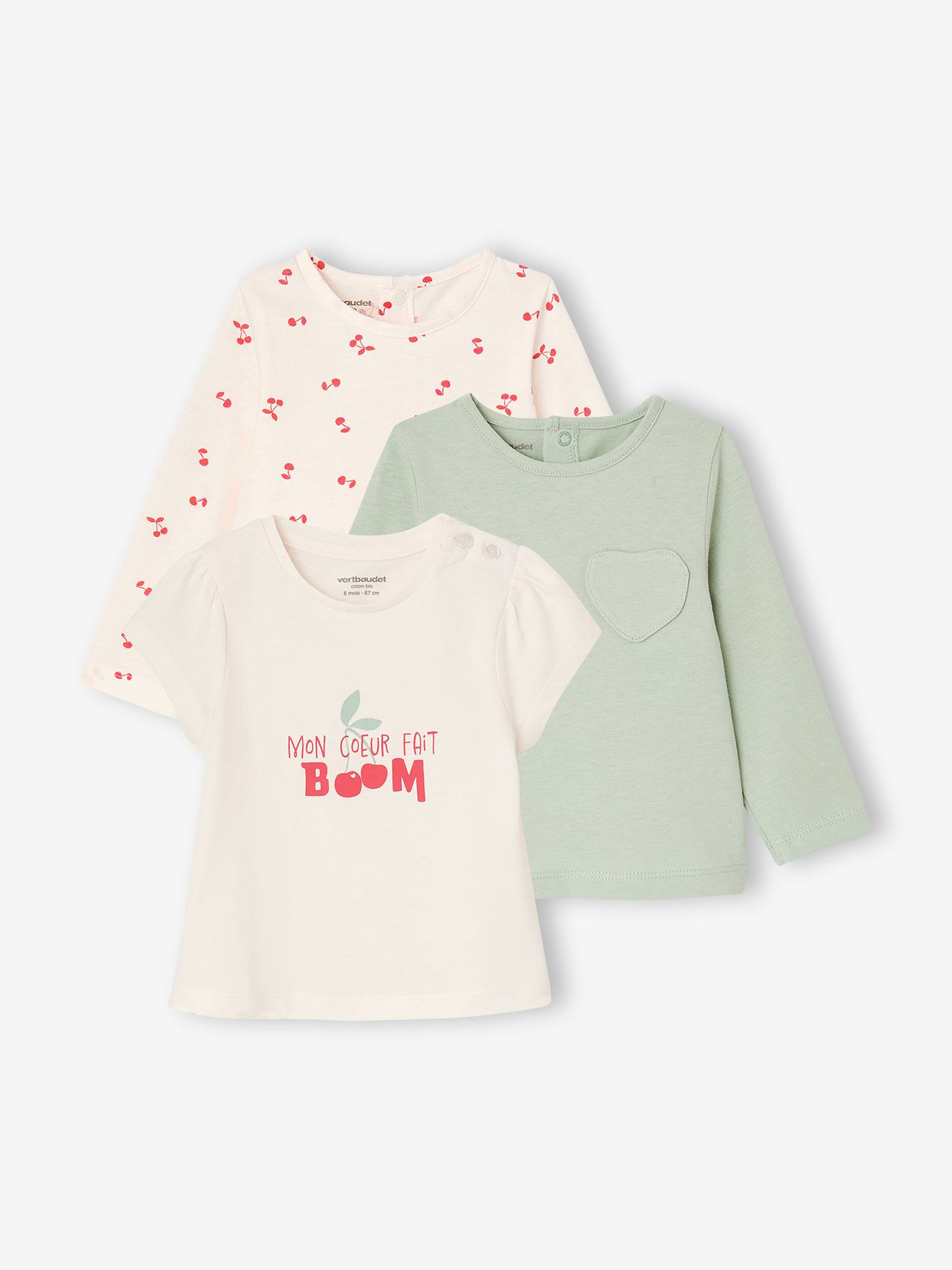 Bio-Kollektion: 3er-Pack Mädchen Shirts BASIC, Langarm & Kurzarm wollweiß Gr. 80 von vertbaudet
