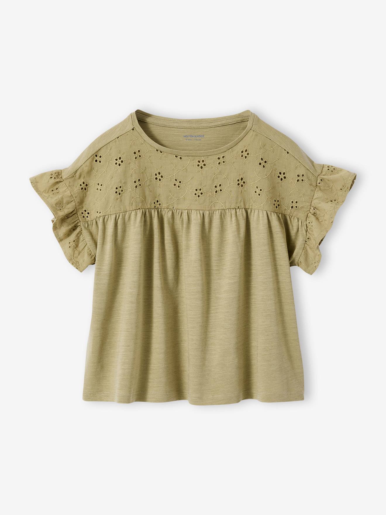 Blusenshirt mit Volantärmel & Lochstickerei, Mädchen khaki Gr. 116 von vertbaudet