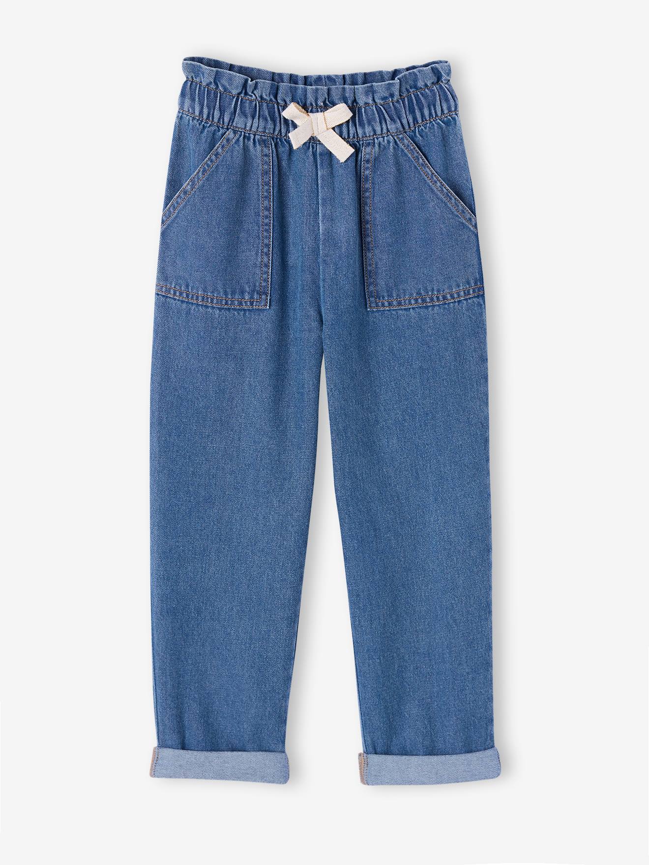 Paperbag-Jeans mit Zierschleife Mädchen, Bundweite verstellbar blau Gr. 122 von vertbaudet