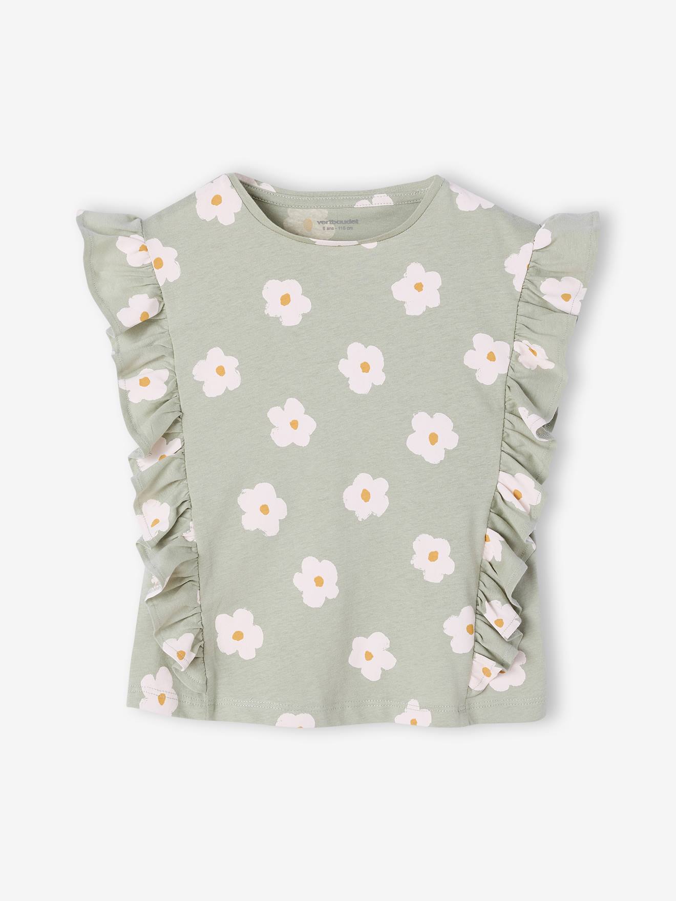 Vertbaudet Mädchen Top Mit Volants Und Blumenmotiven Salbeigrün 98/104