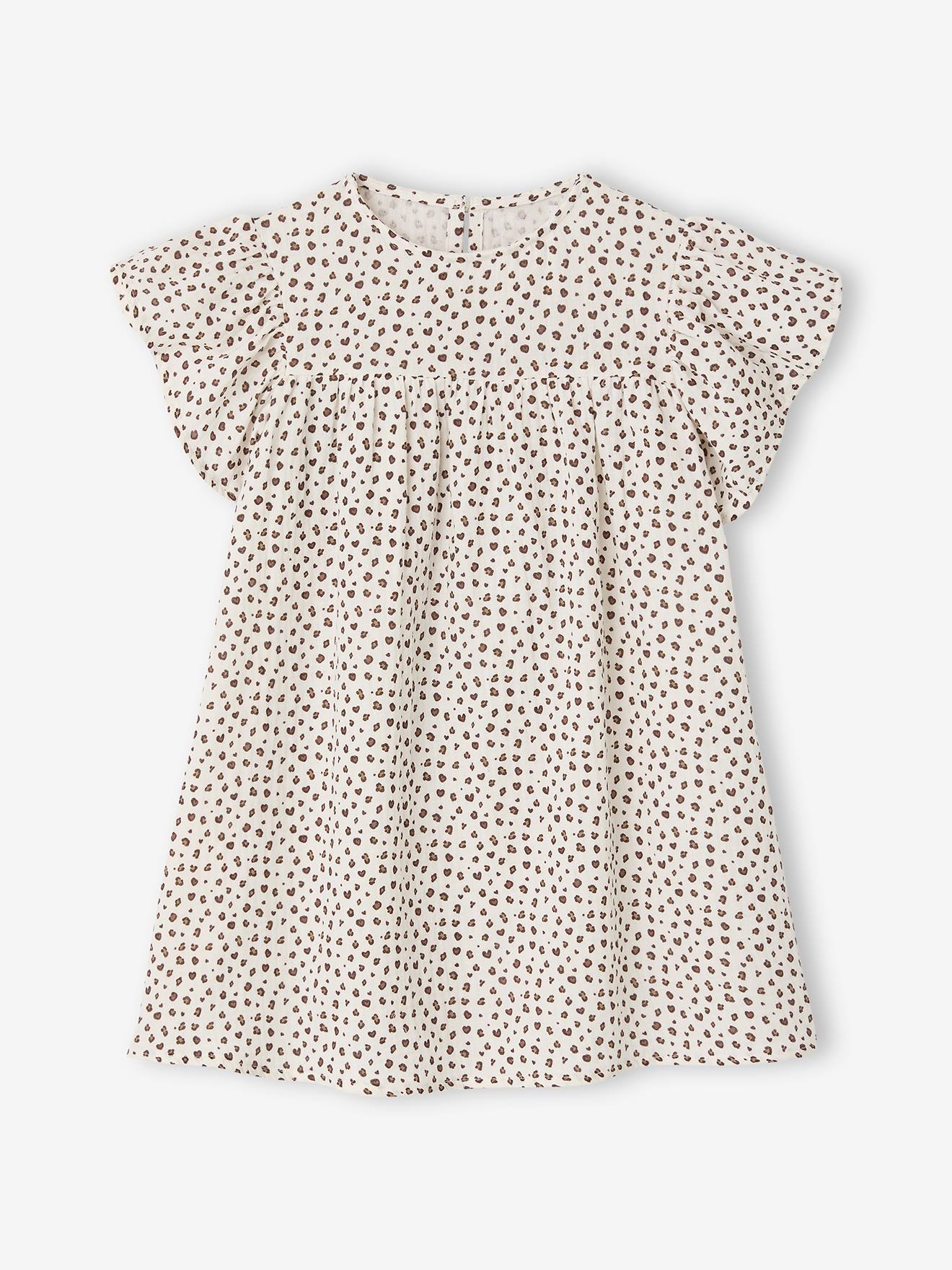 Kurzärmeliges Mädchen Kleid beige leo Gr. 122 von vertbaudet