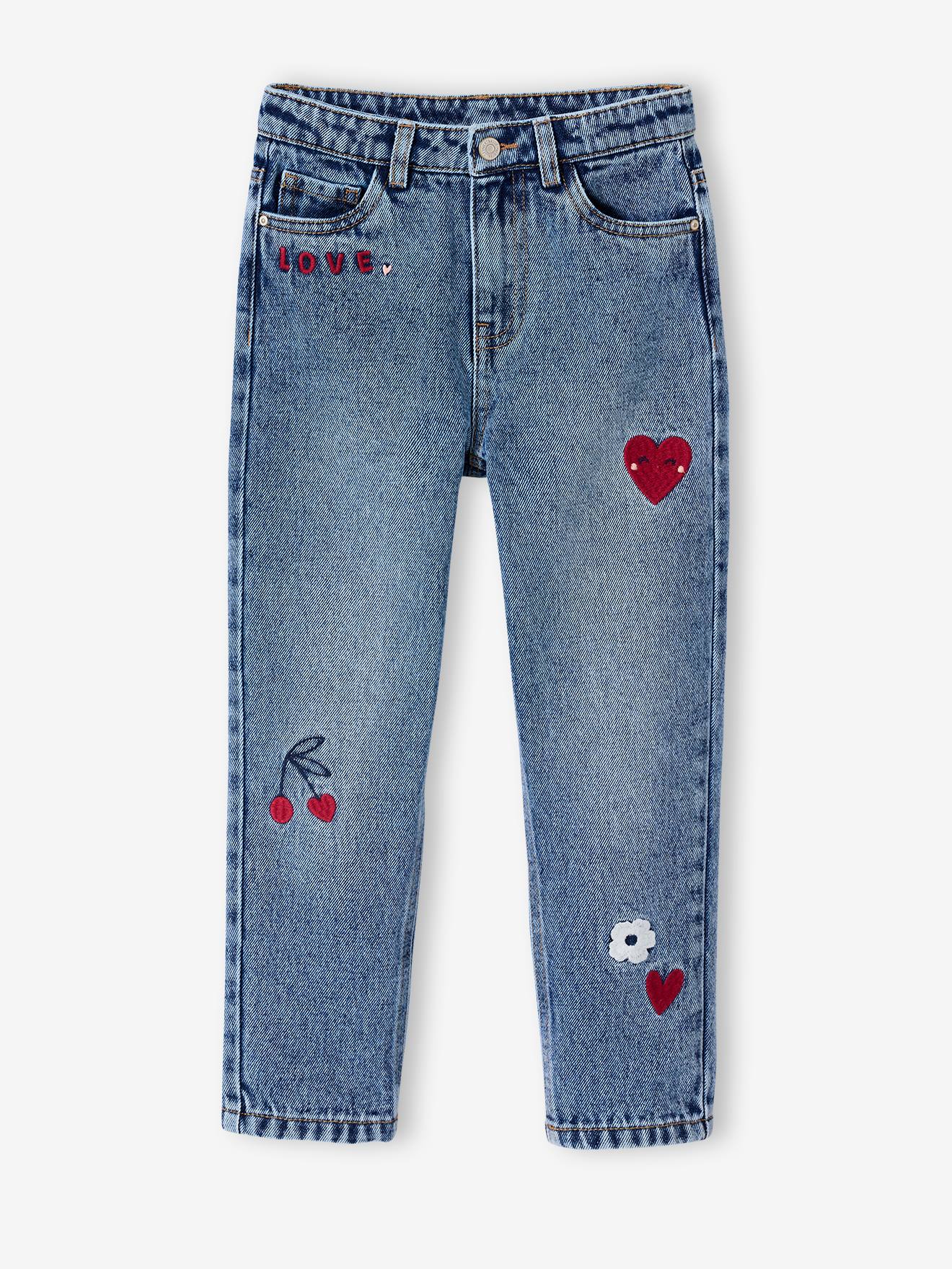 Mädchen Mom-Fit-Jeans mit Blumenstickerei
